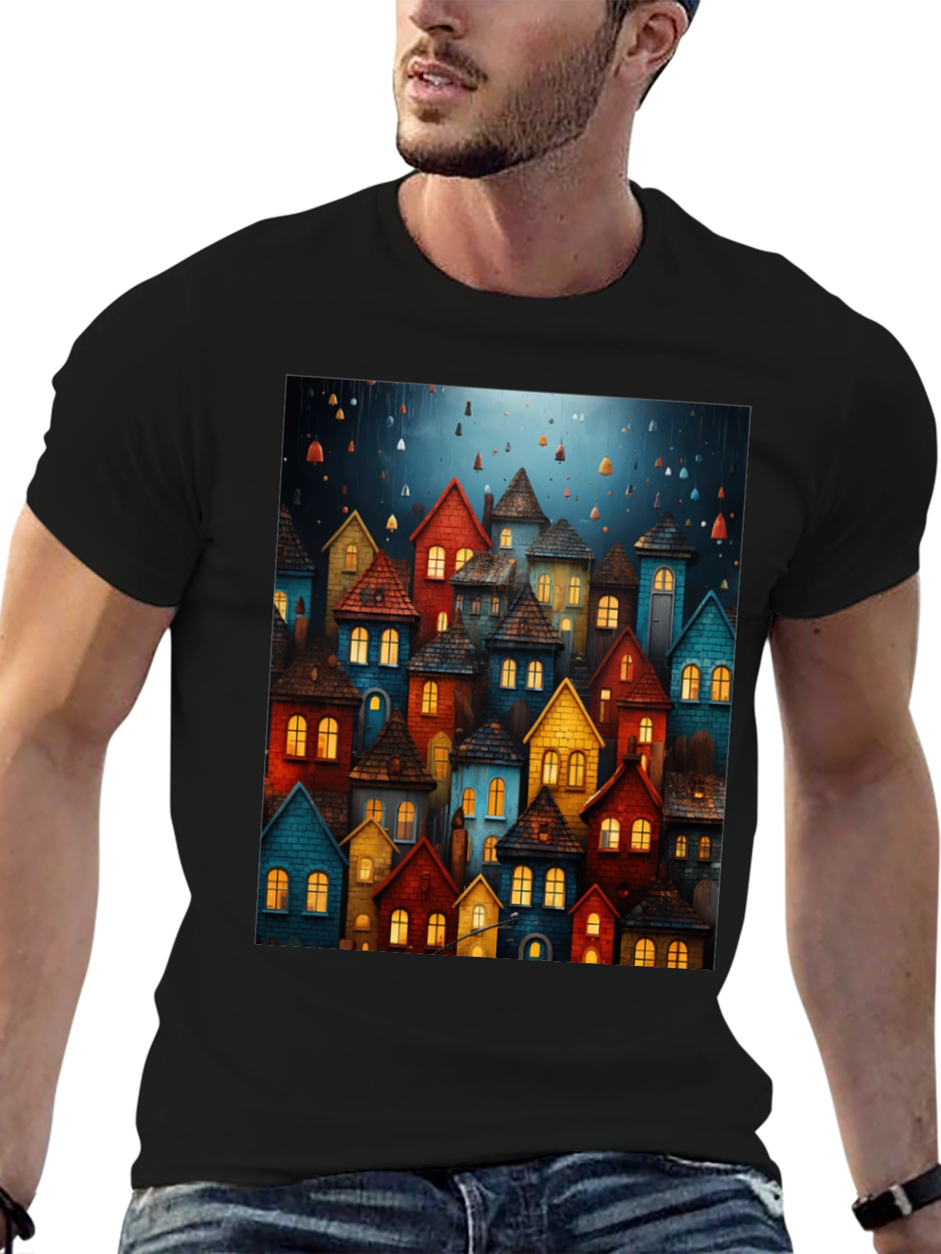 Whimsical Village Graphic Tee - Unique Artistic Design
