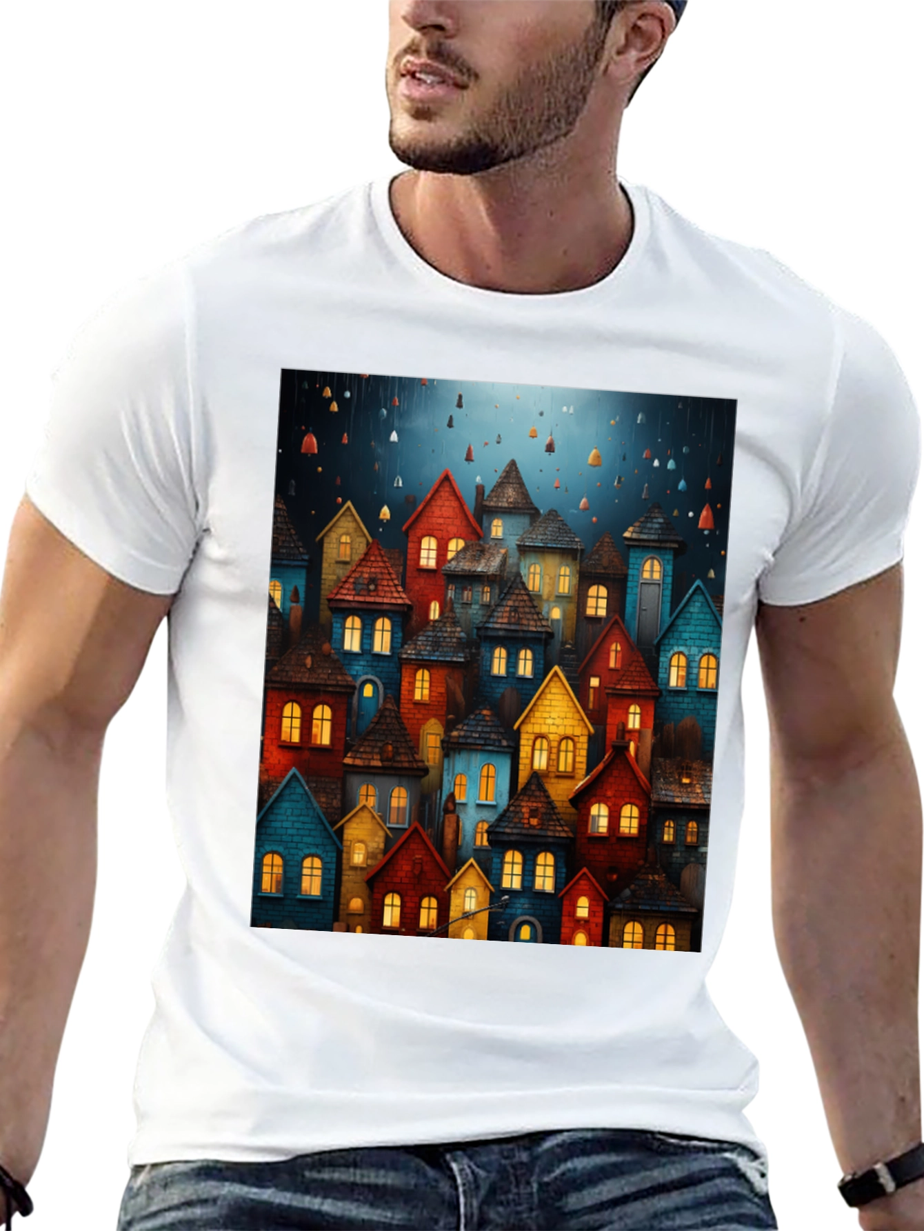 Whimsical Village Graphic Tee - Unique Artistic Design