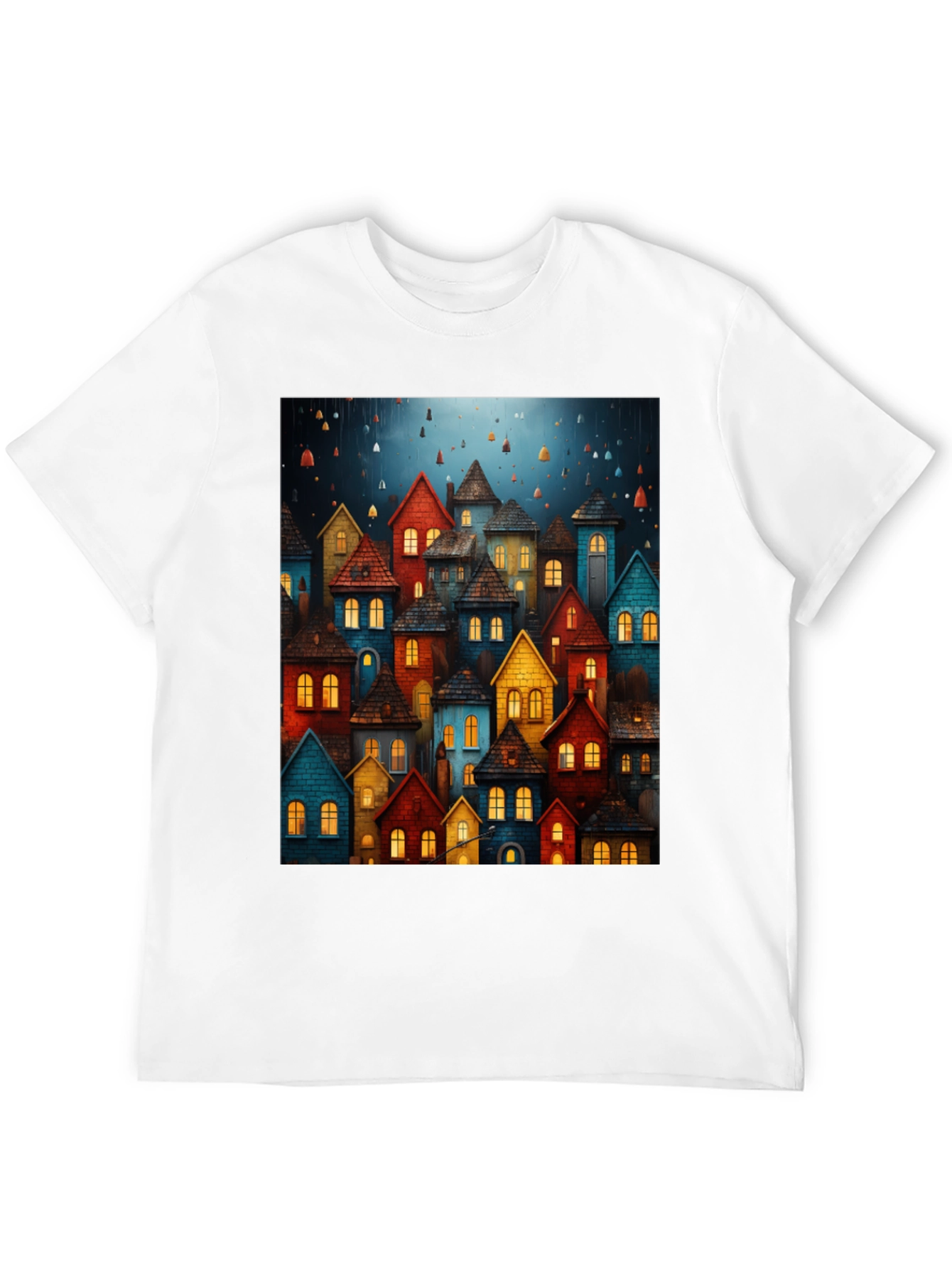 Whimsical Village Graphic Tee - Unique Artistic Design