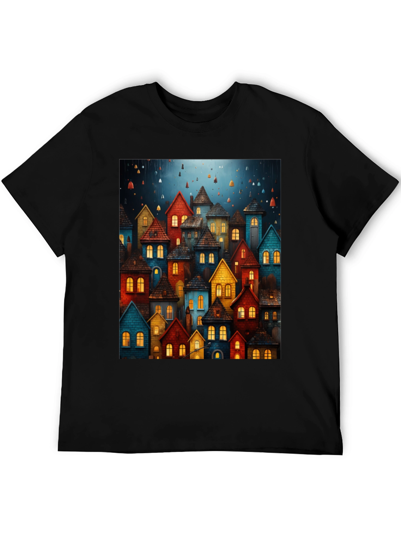 Whimsical Village Graphic Tee - Unique Artistic Design