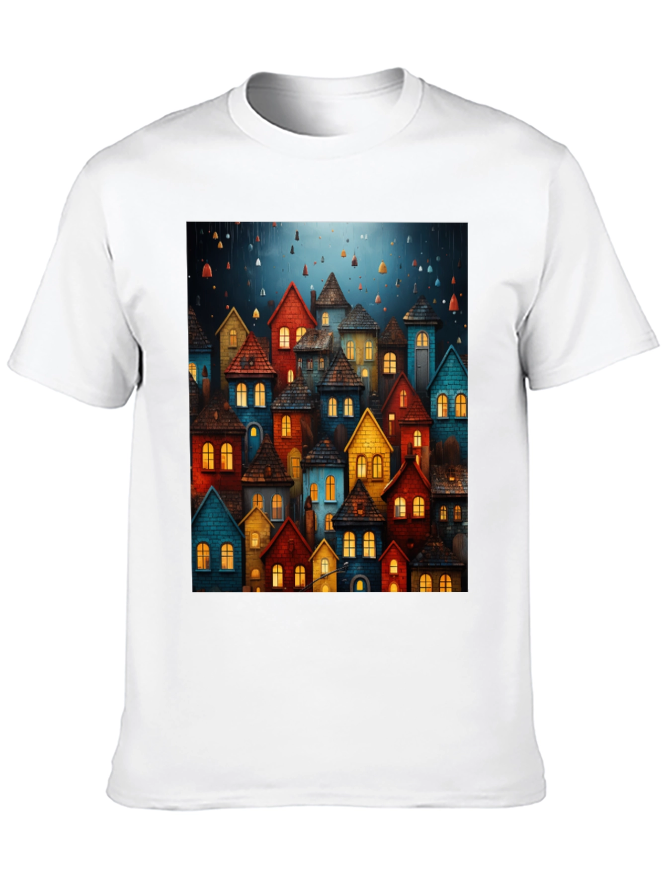 Whimsical Village Graphic Tee - Unique Artistic Design