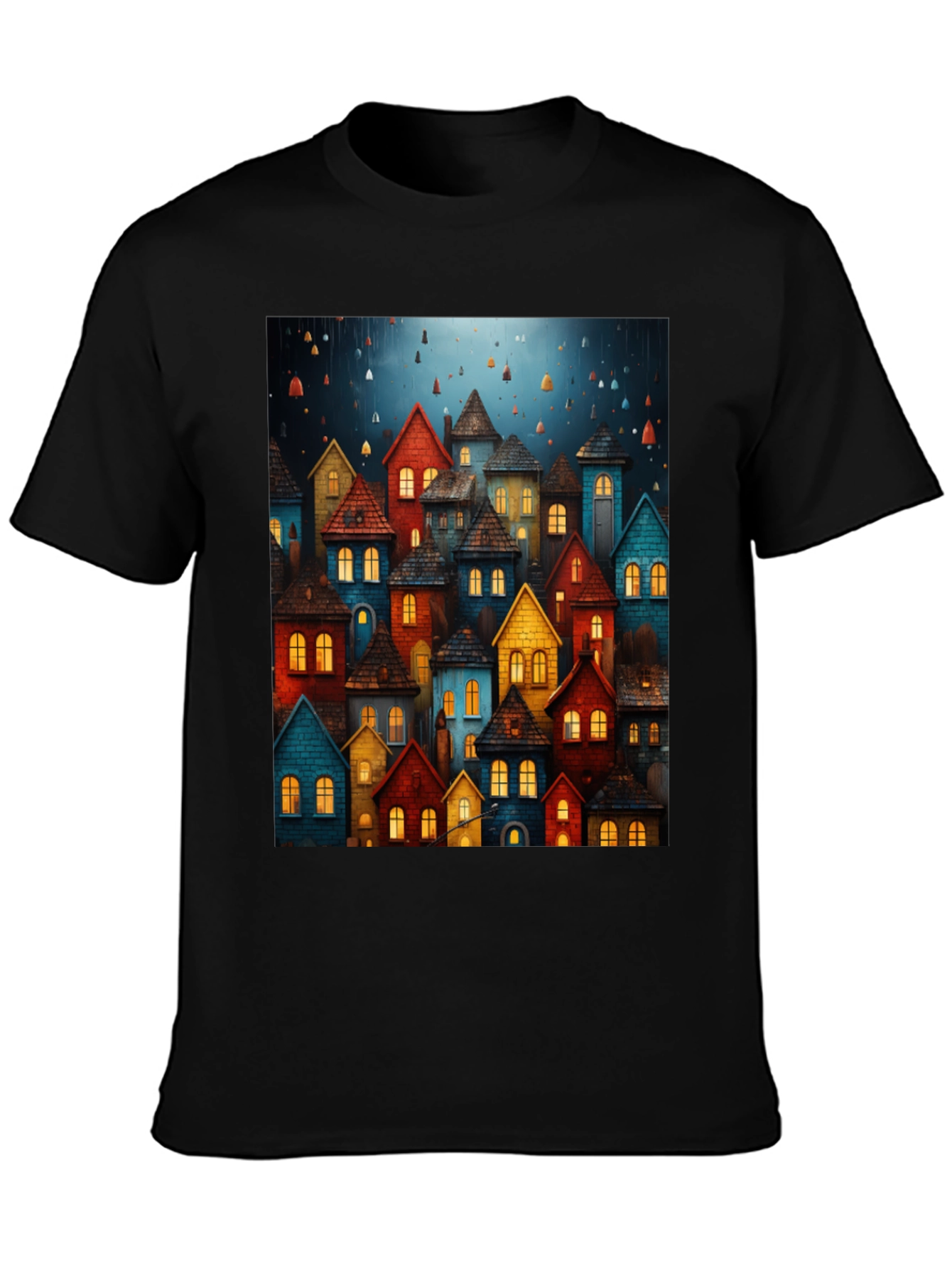 Whimsical Village Graphic Tee - Unique Artistic Design