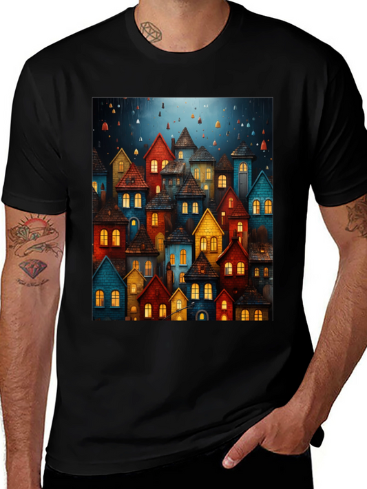 Whimsical Village Graphic Tee - Unique Artistic Design