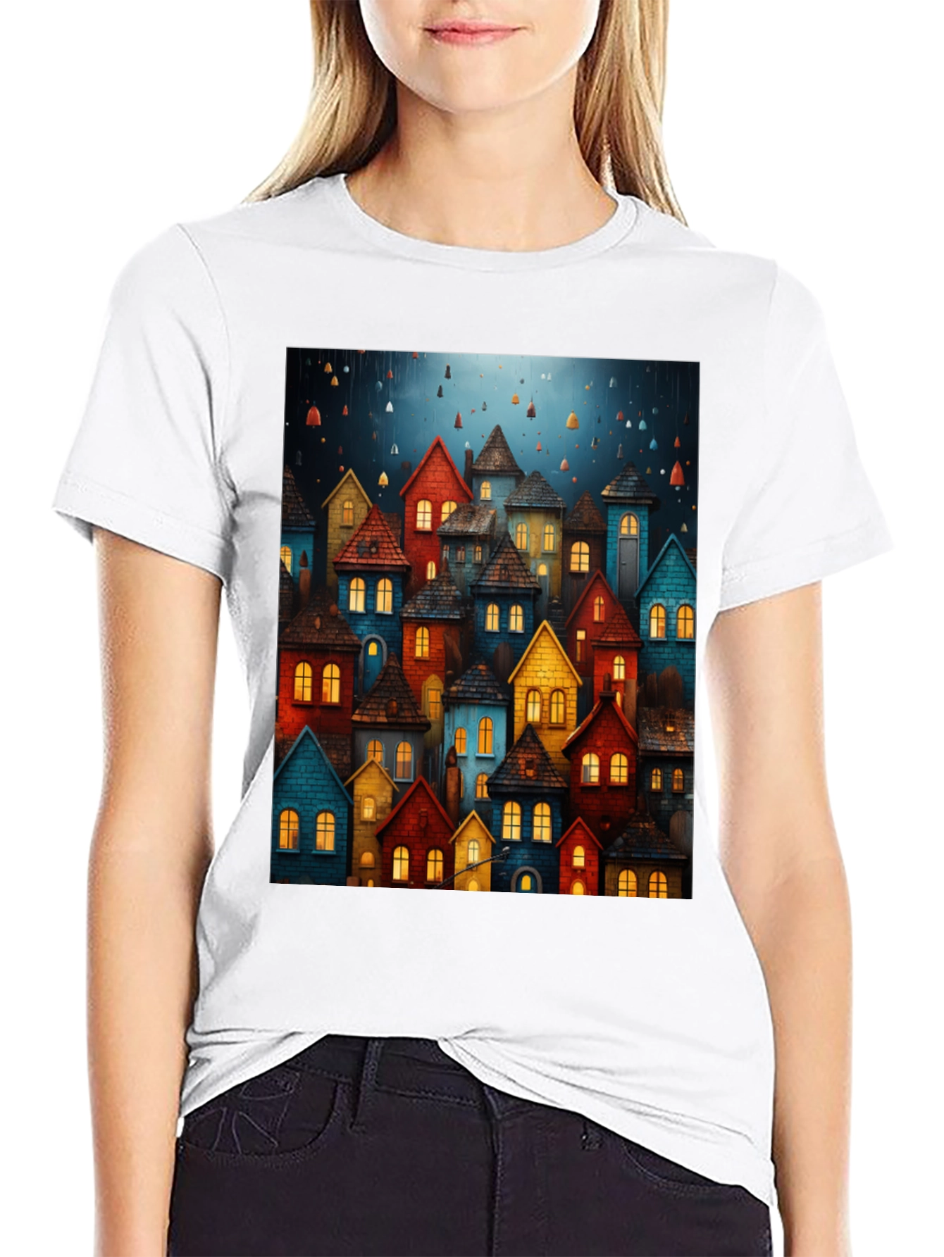 Whimsical Village Graphic Tee - Unique Artistic Design