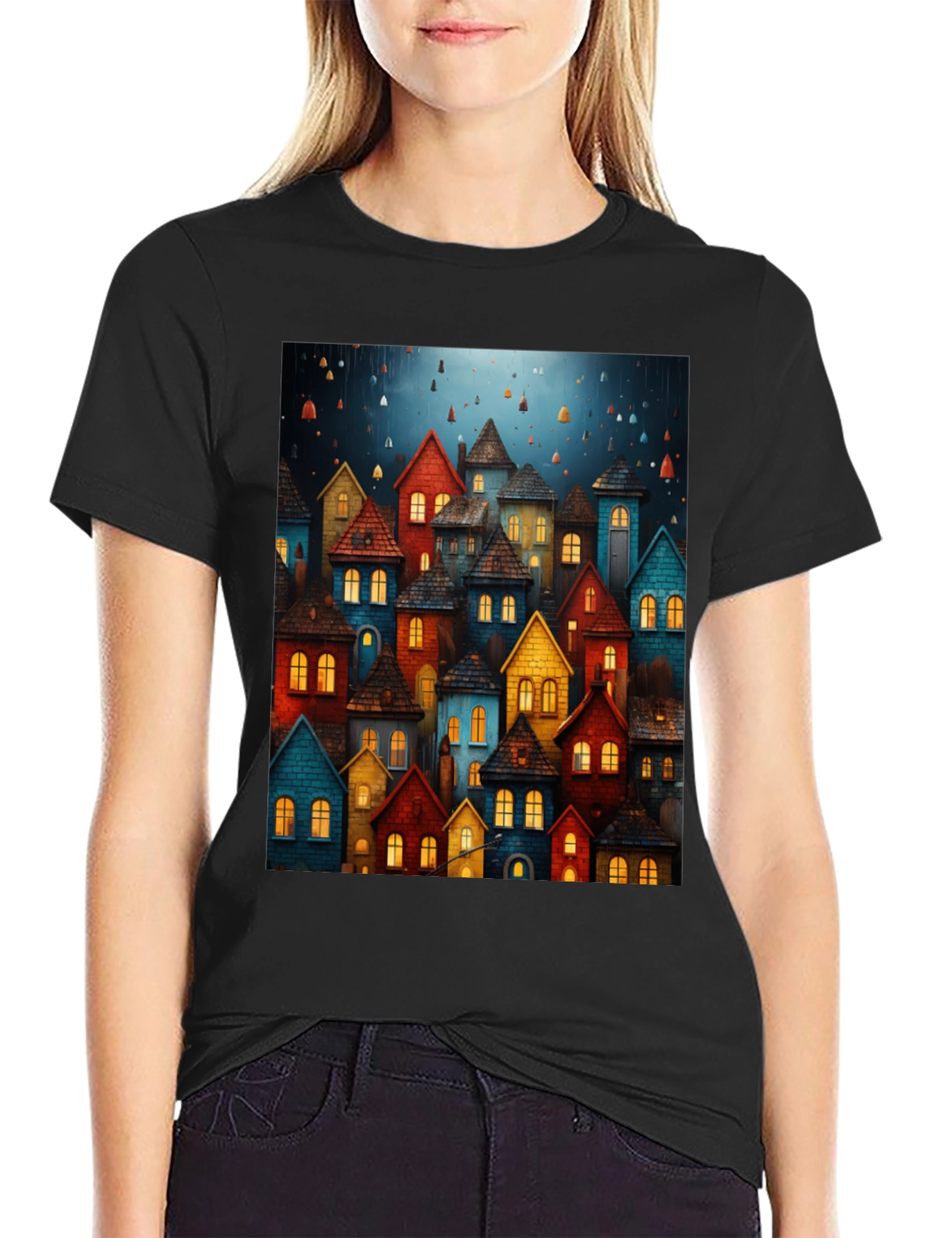 Whimsical Village Graphic Tee - Unique Artistic Design