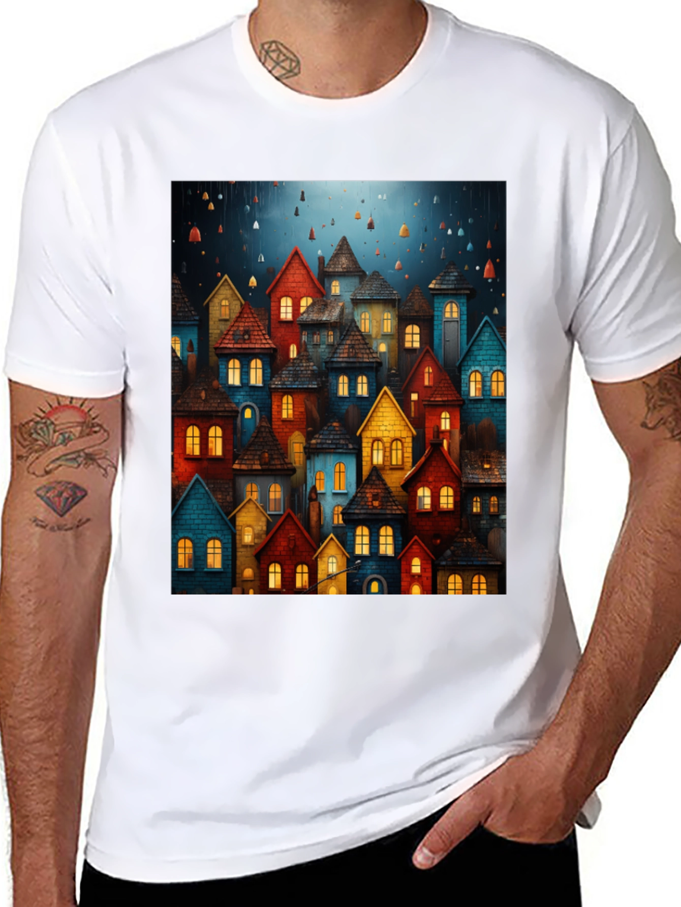 Whimsical Village Graphic Tee - Unique Artistic Design