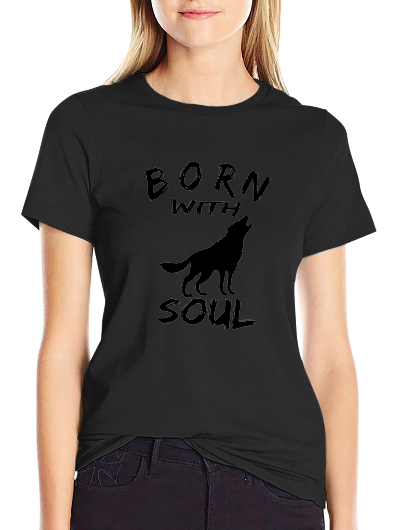 Born With Soul Wolf Graphic Black T-Shirt