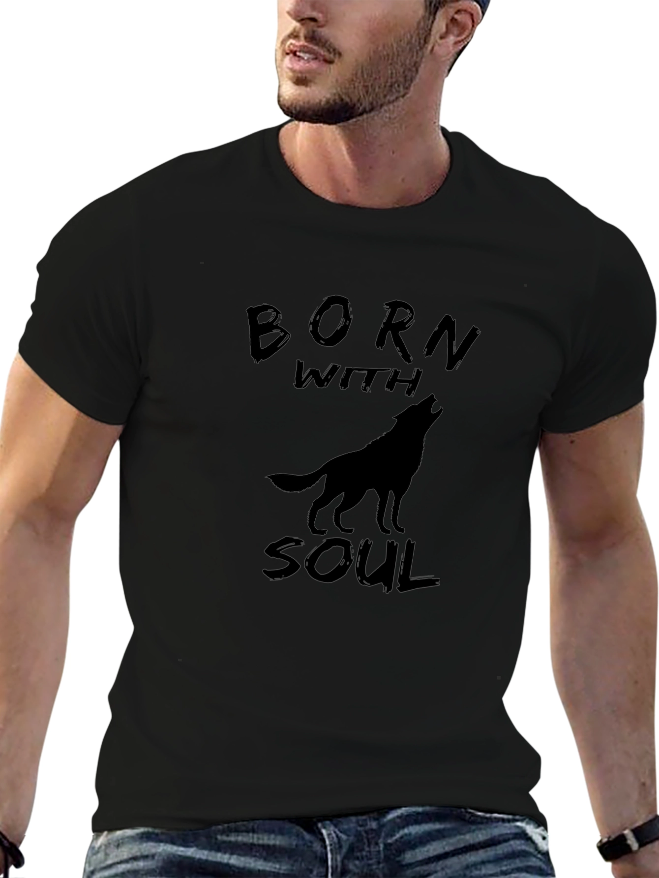 Born With Soul Wolf Graphic Black T-Shirt