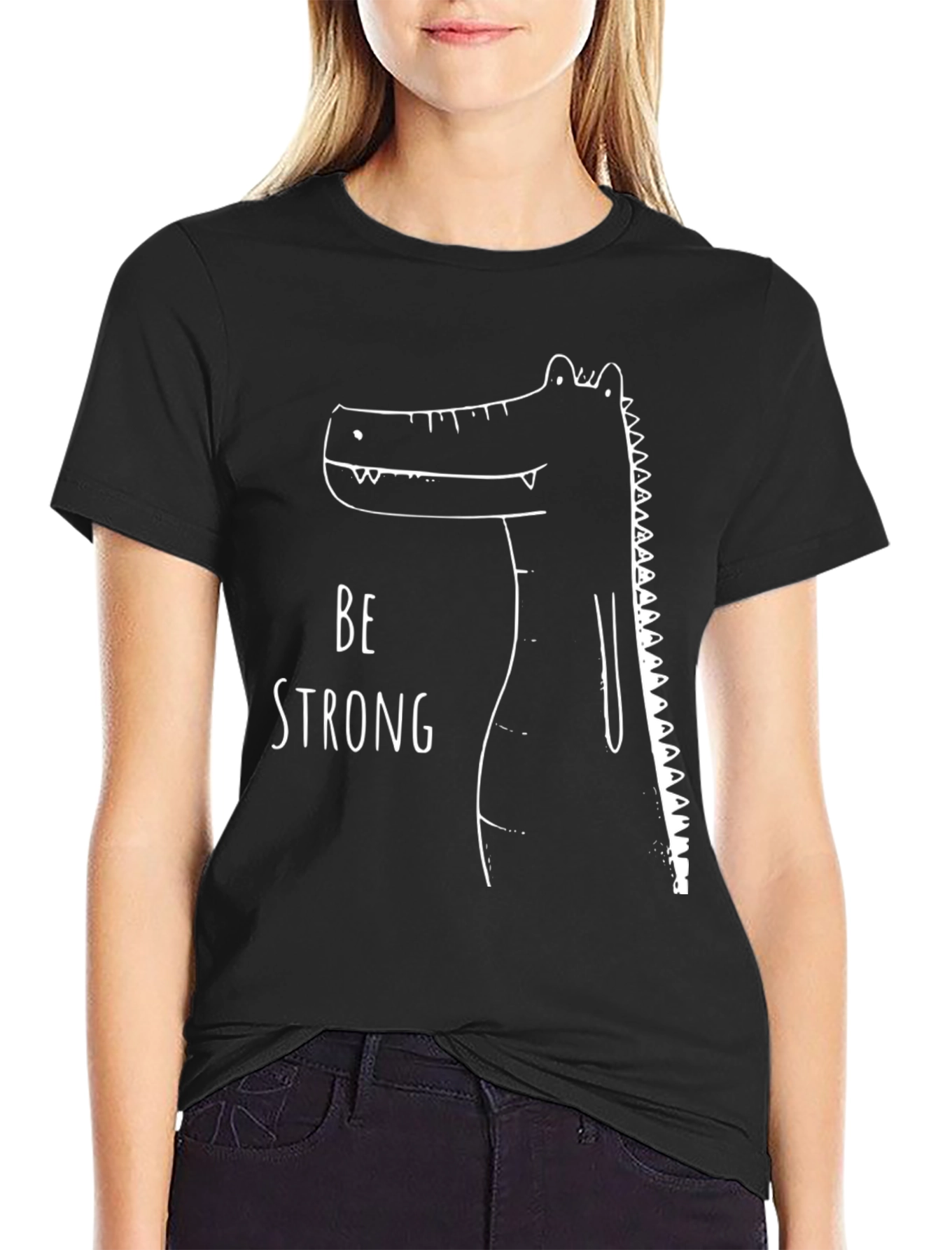Be Strong Crocodile Graphic Tee - Black Cotton T-Shirt