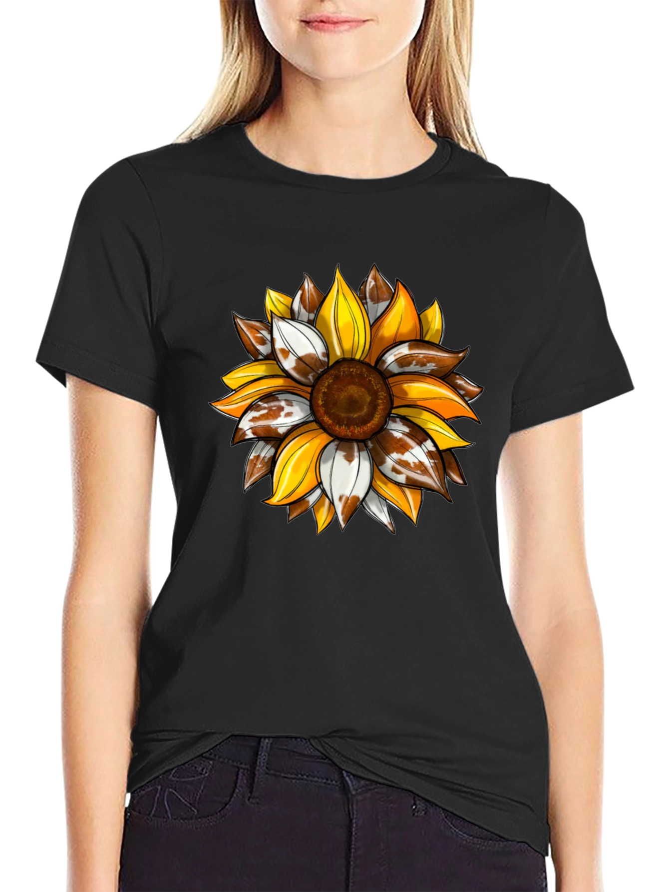Sunflower Cow Print Graphic Tee - Black