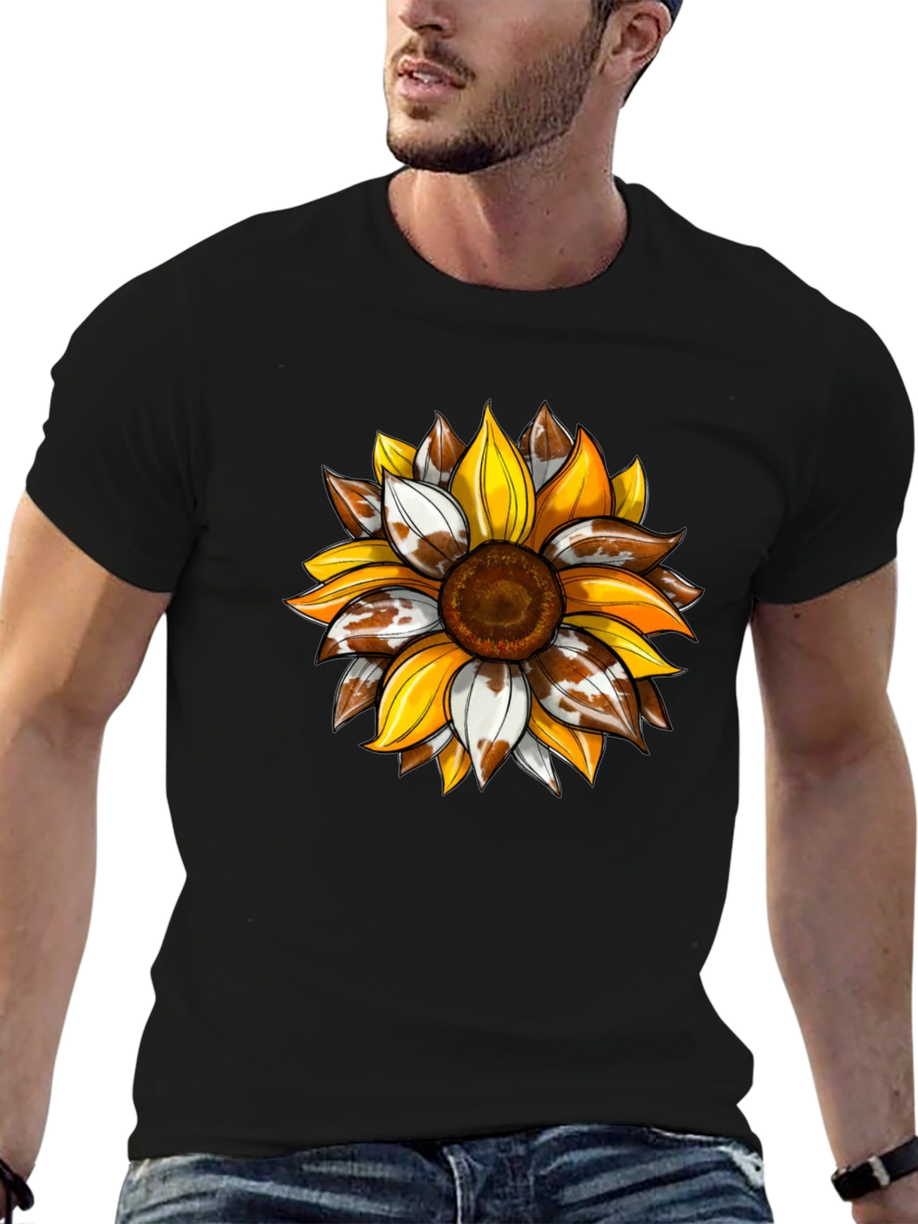 Sunflower Cow Print Graphic Tee - Black