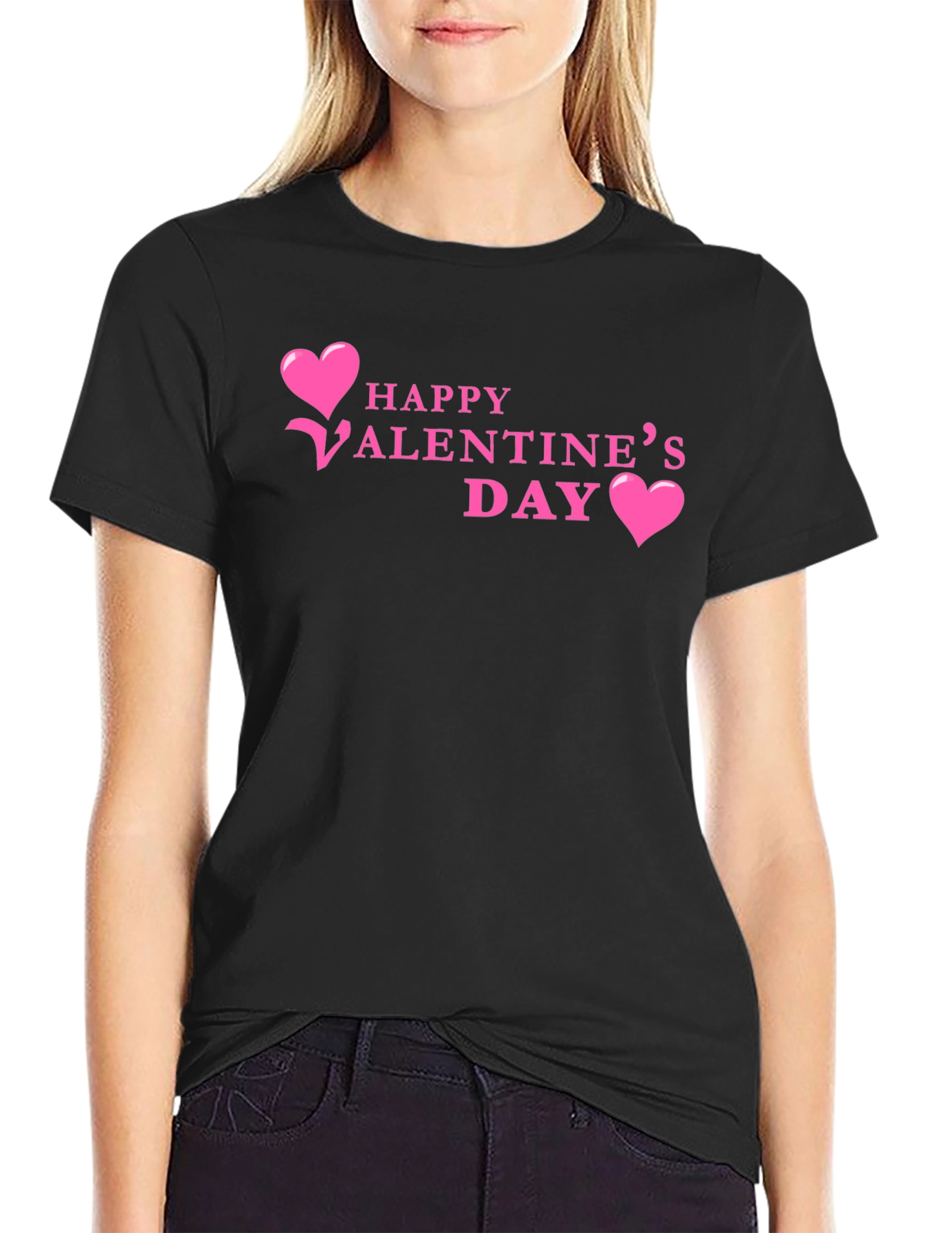 Happy Valentines Day T-Shirt Pink Hearts Black Tee