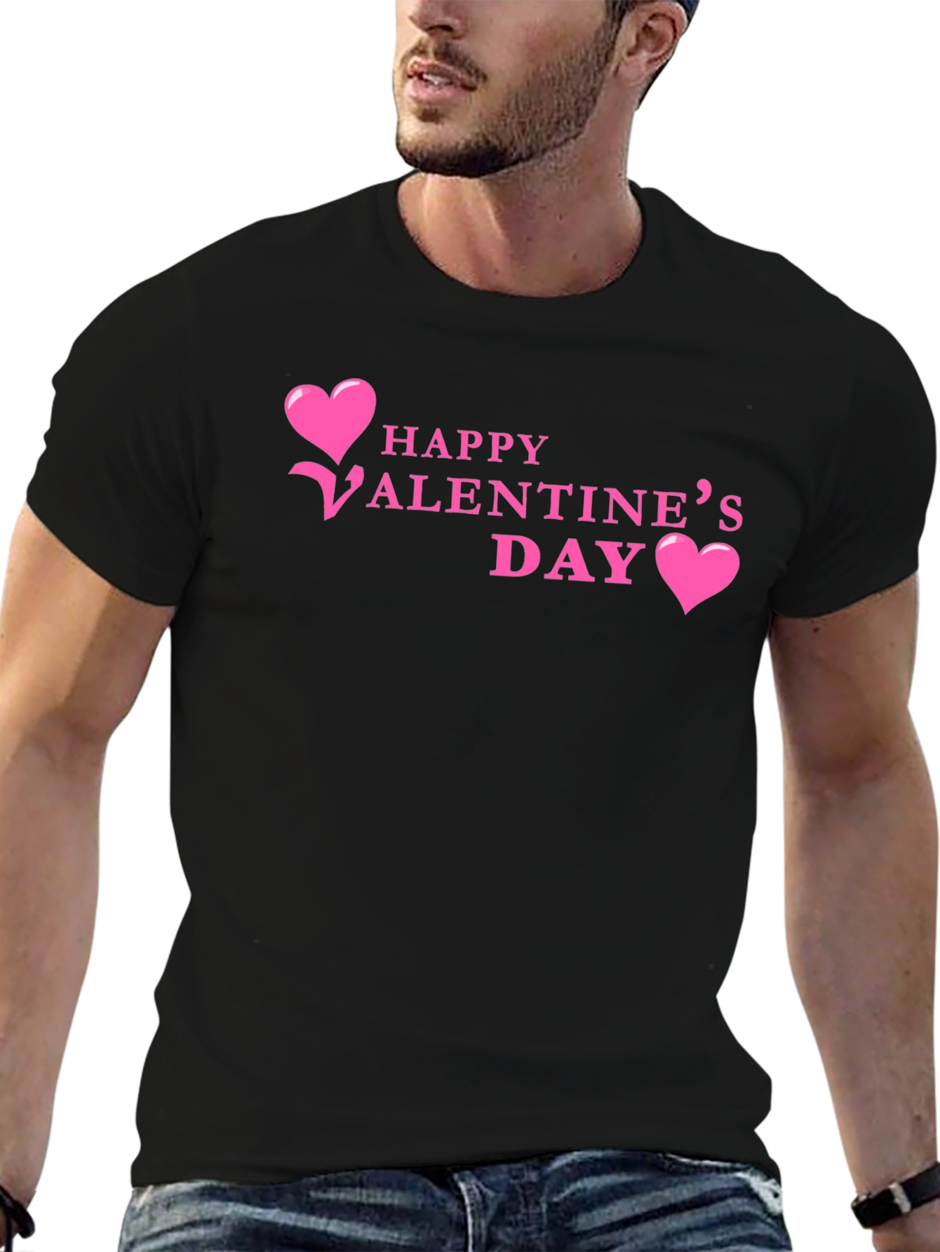 Happy Valentines Day T-Shirt Pink Hearts Black Tee