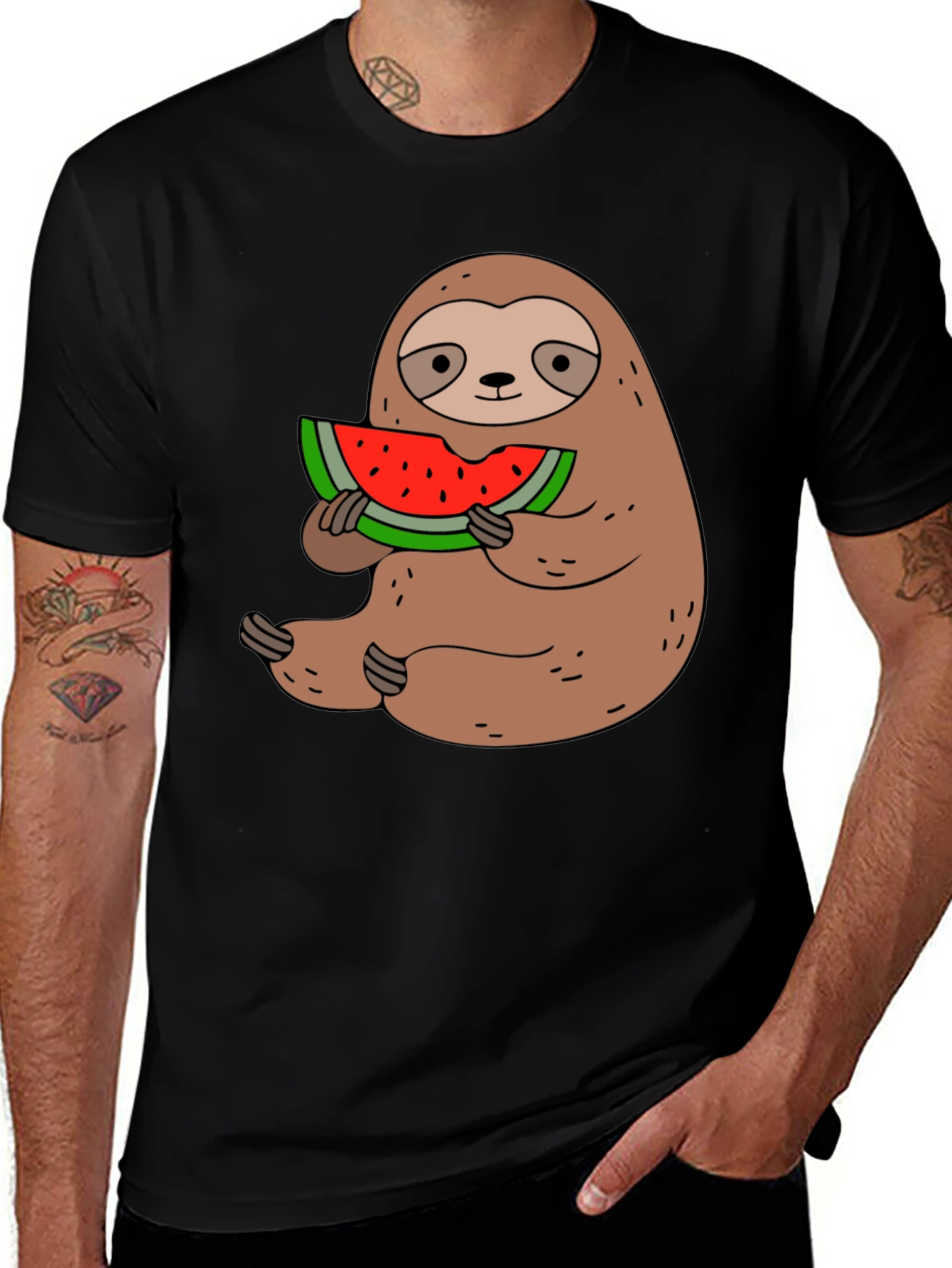 Sloth Eating Watermelon Graphic Tee - Black