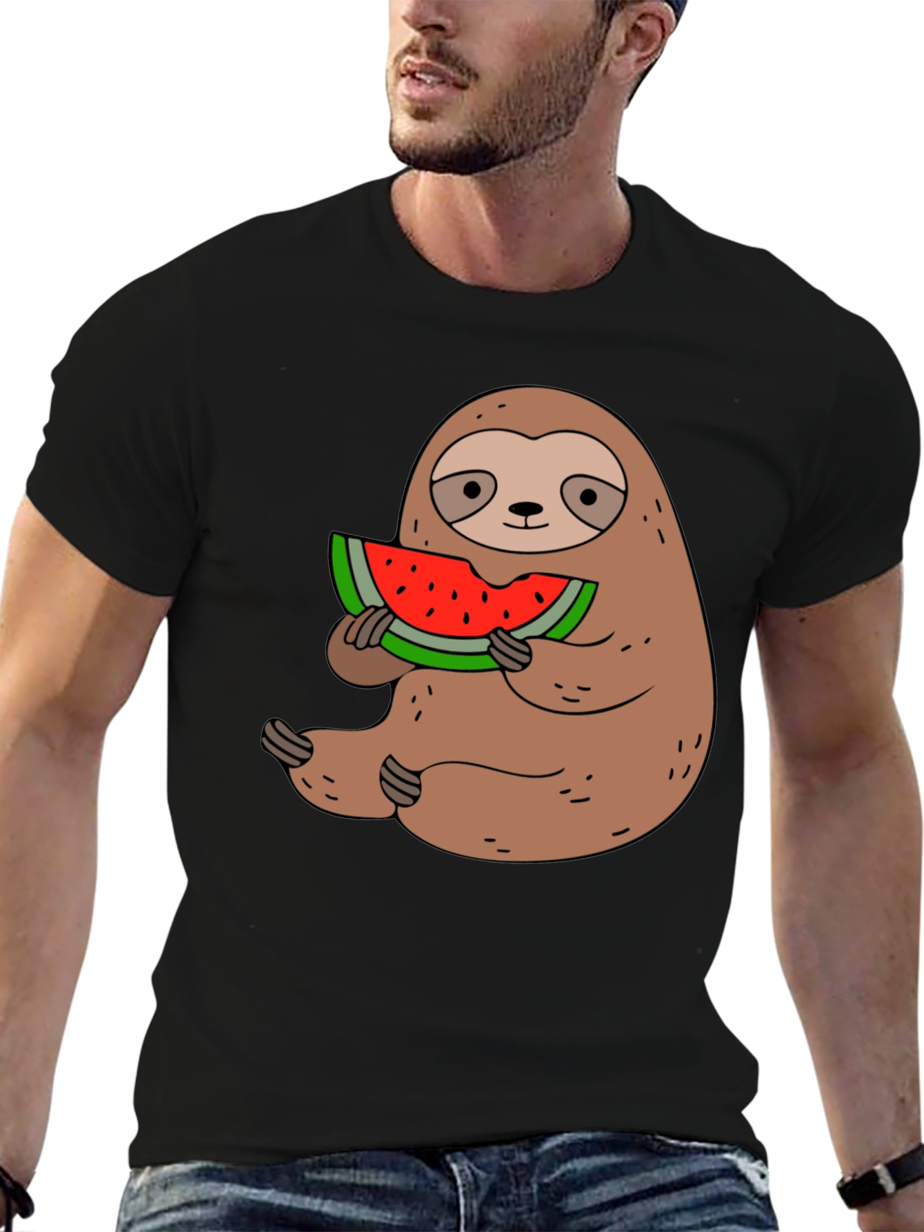 Sloth Eating Watermelon Graphic Tee - Black