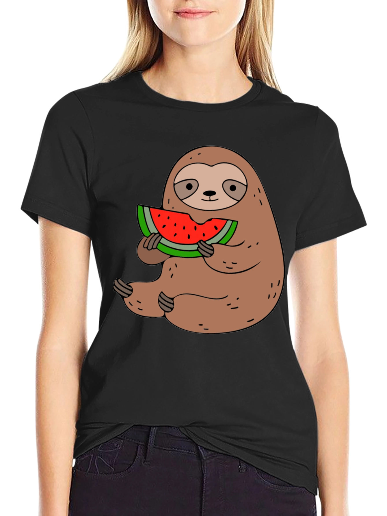 Sloth Eating Watermelon Graphic Tee - Black