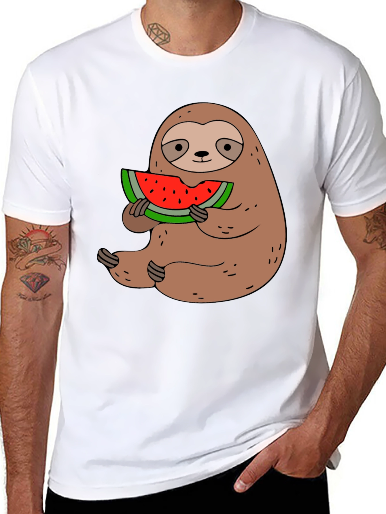 Sloth Eating Watermelon Graphic Tee - Black
