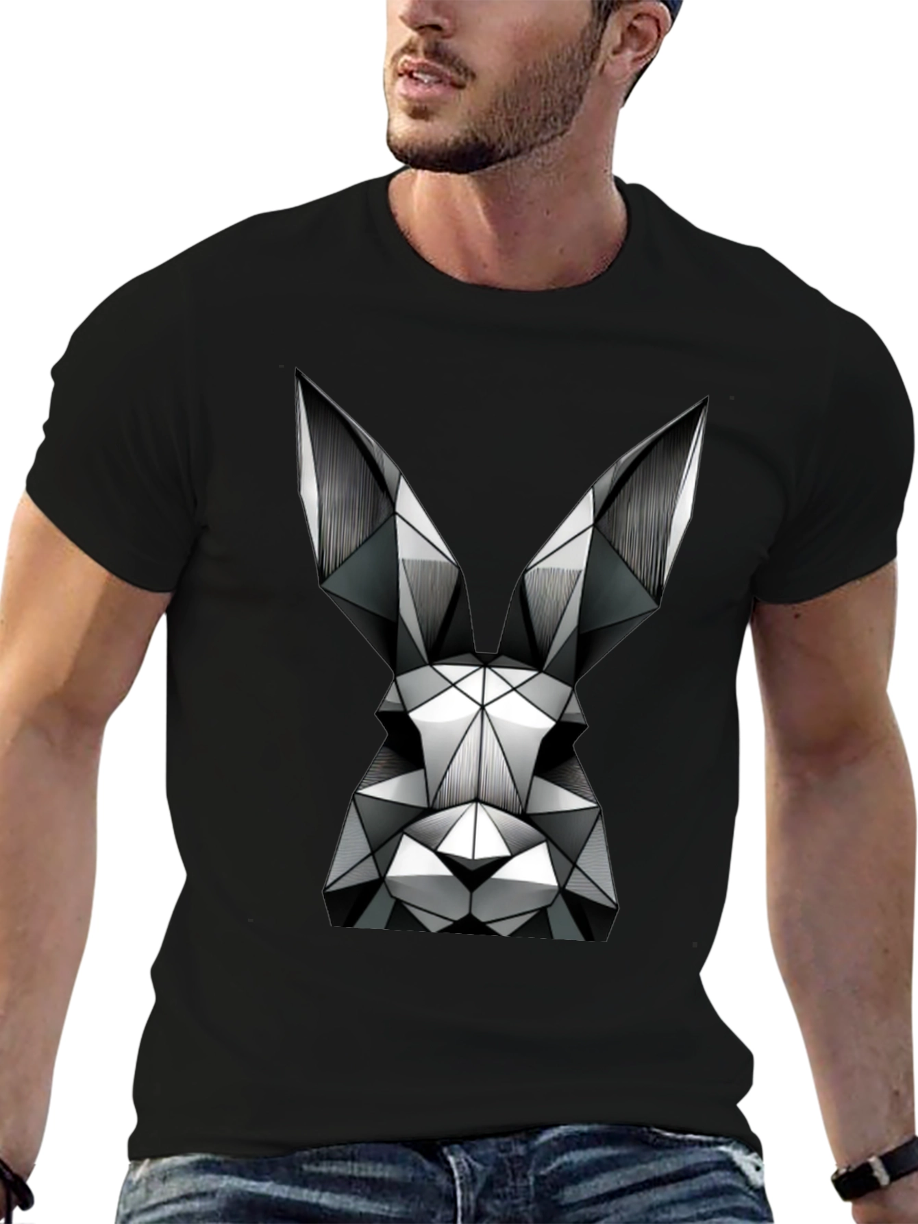 Geometric Rabbit Graphic T-Shirt - Black