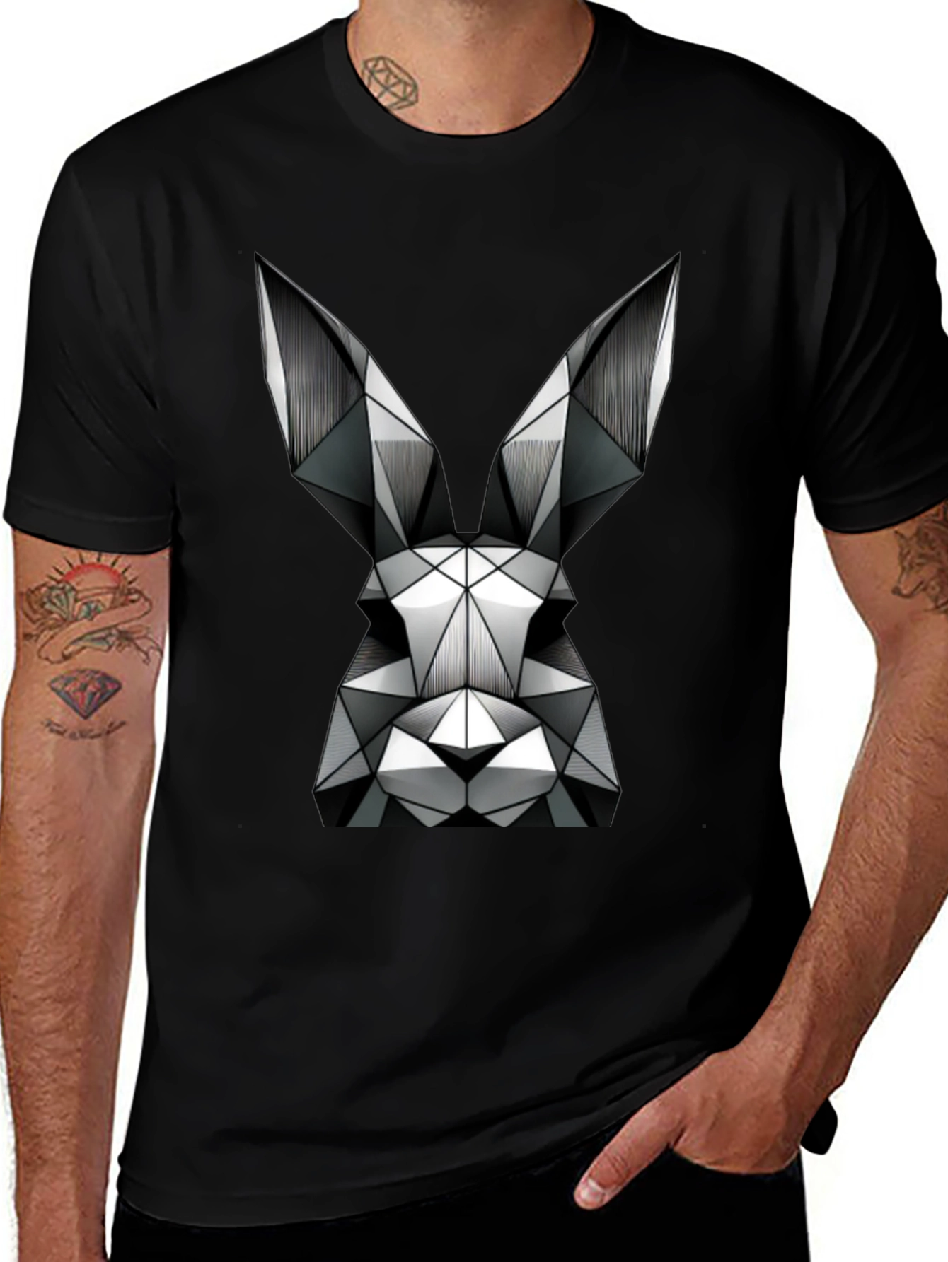 Geometric Rabbit Graphic T-Shirt - Black