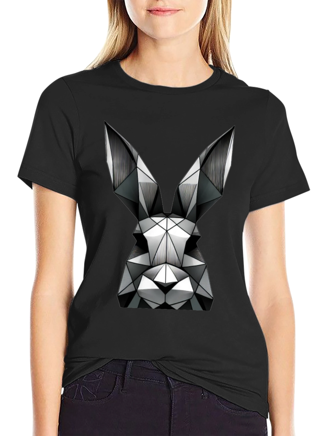 Geometric Rabbit Graphic T-Shirt - Black