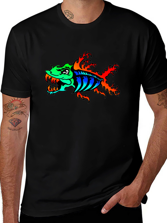 Colorful Fish Skeleton Graphic Black T-Shirt