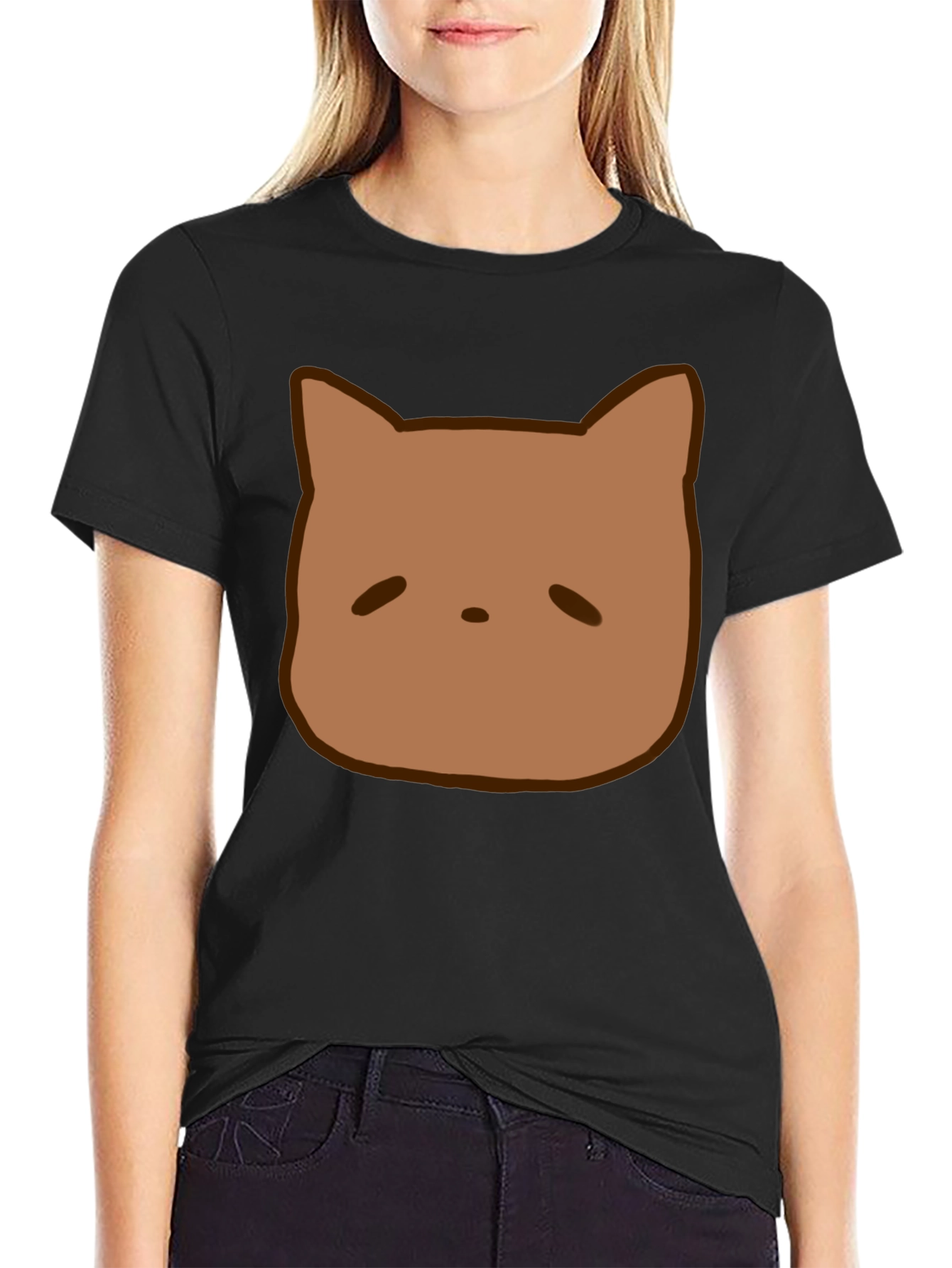 Cute Brown Cat Face Graphic Black T-Shirt