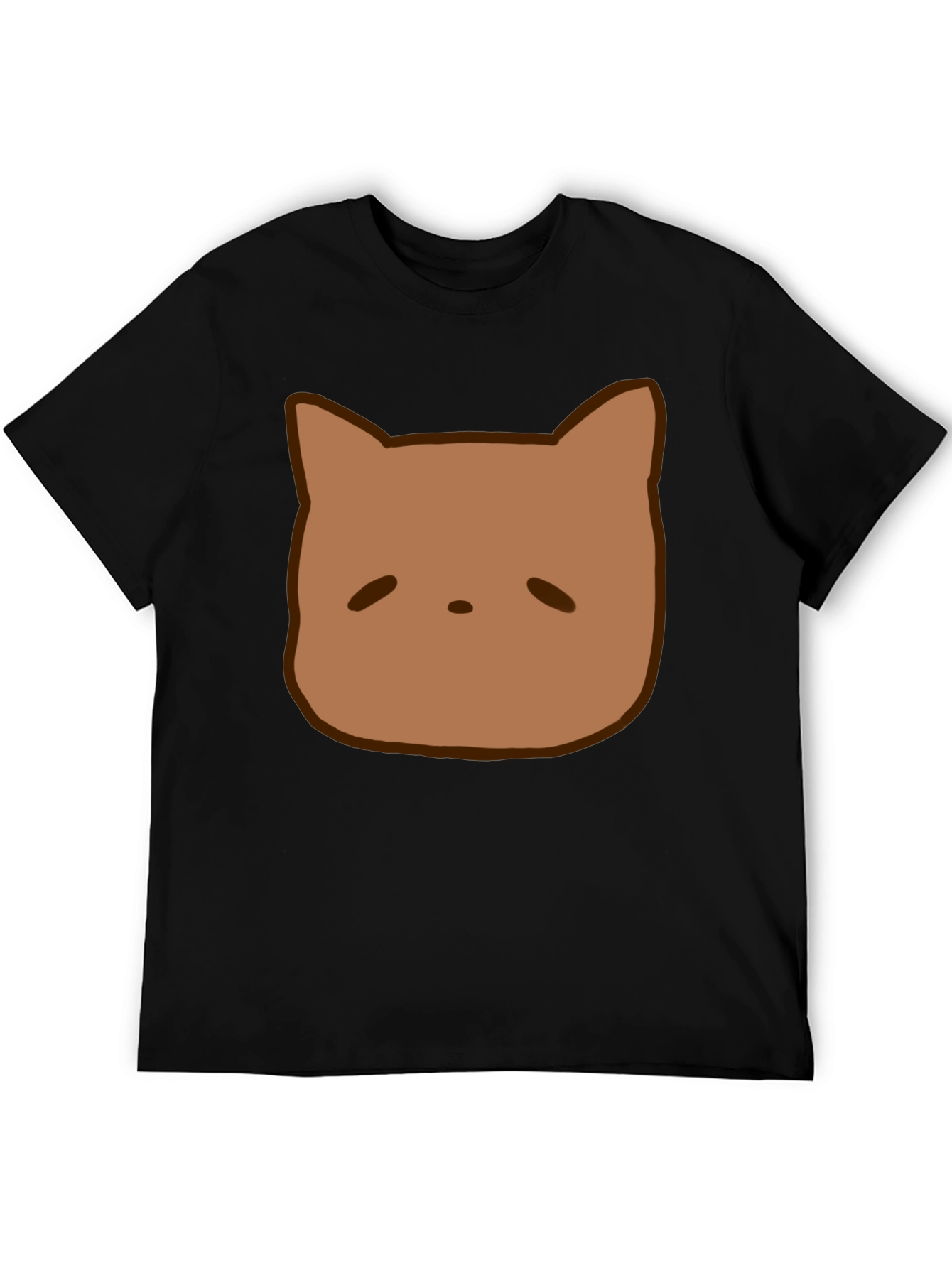 Cute Brown Cat Face Graphic Black T-Shirt