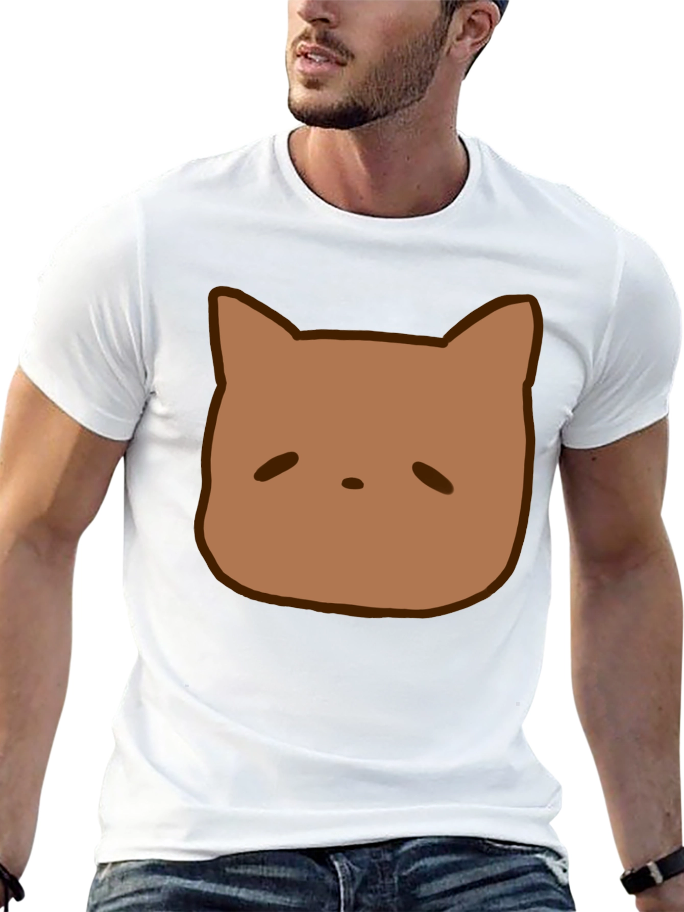 Cute Brown Cat Face Graphic Black T-Shirt