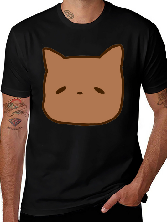 Cute Brown Cat Face Graphic Black T-Shirt
