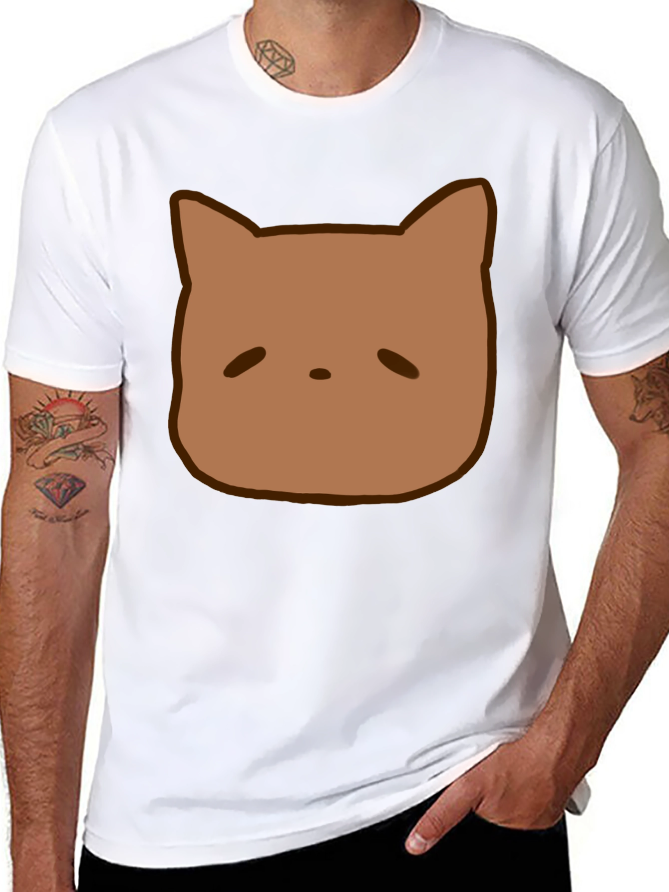 Cute Brown Cat Face Graphic Black T-Shirt