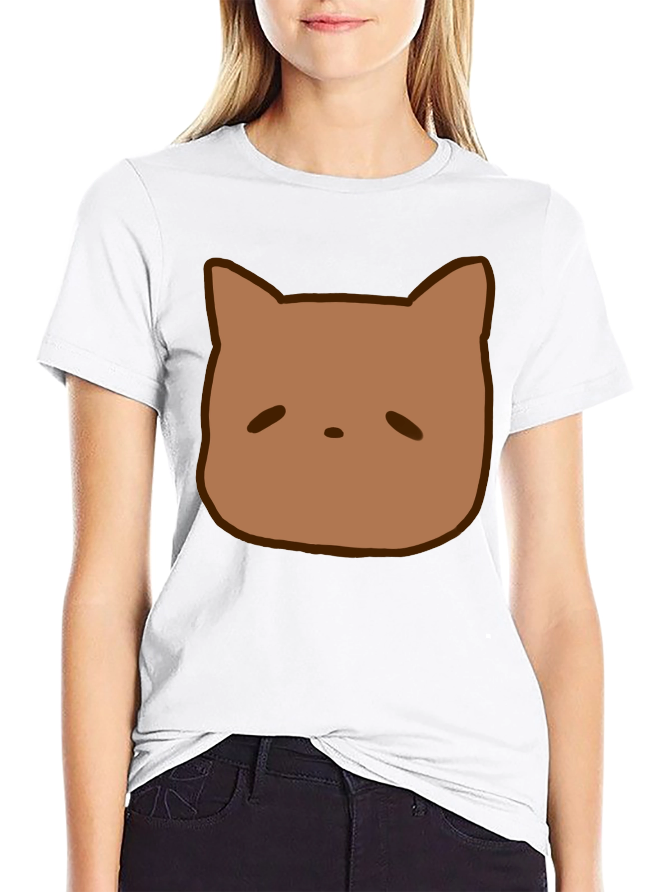 Cute Brown Cat Face Graphic Black T-Shirt