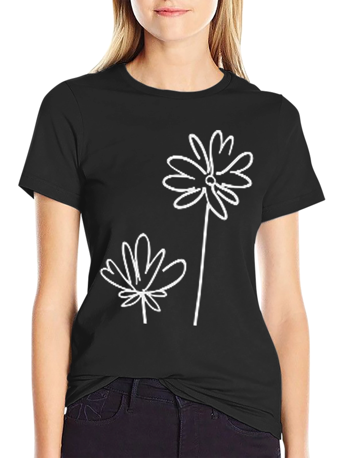 Modern Floral Graphic Black T-Shirt
