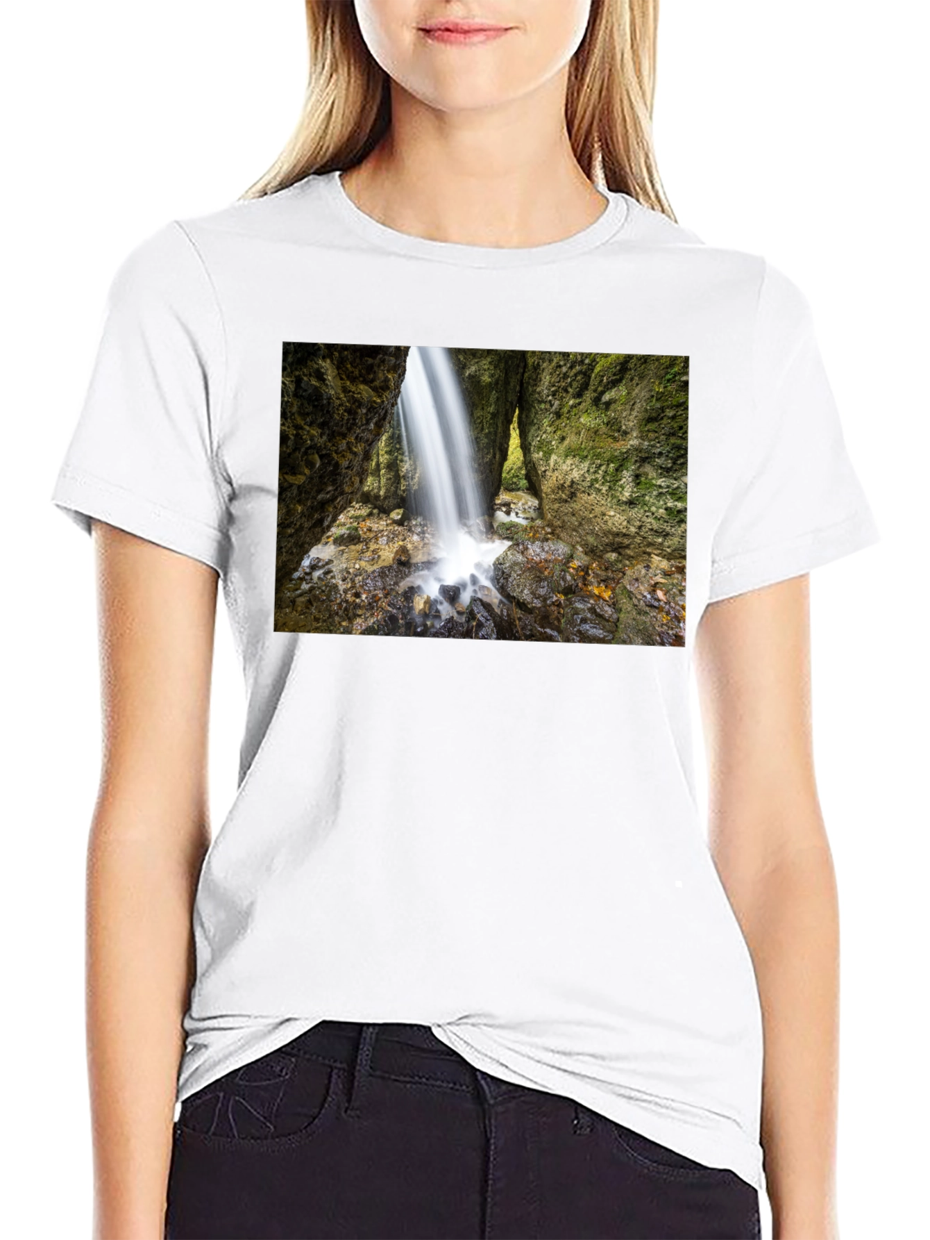 Waterfall Print Black T-Shirt
