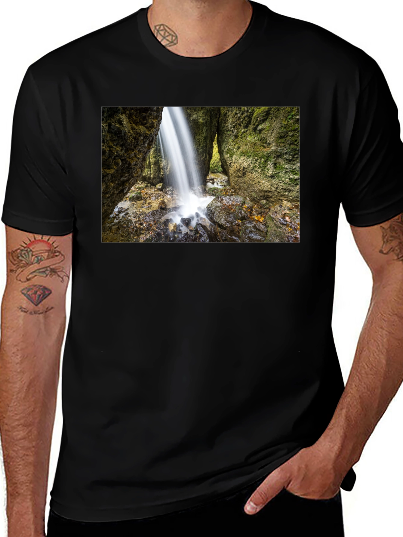 Waterfall Print Black T-Shirt