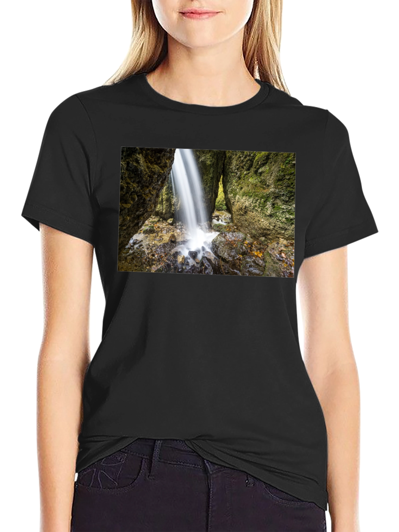 Waterfall Print Black T-Shirt