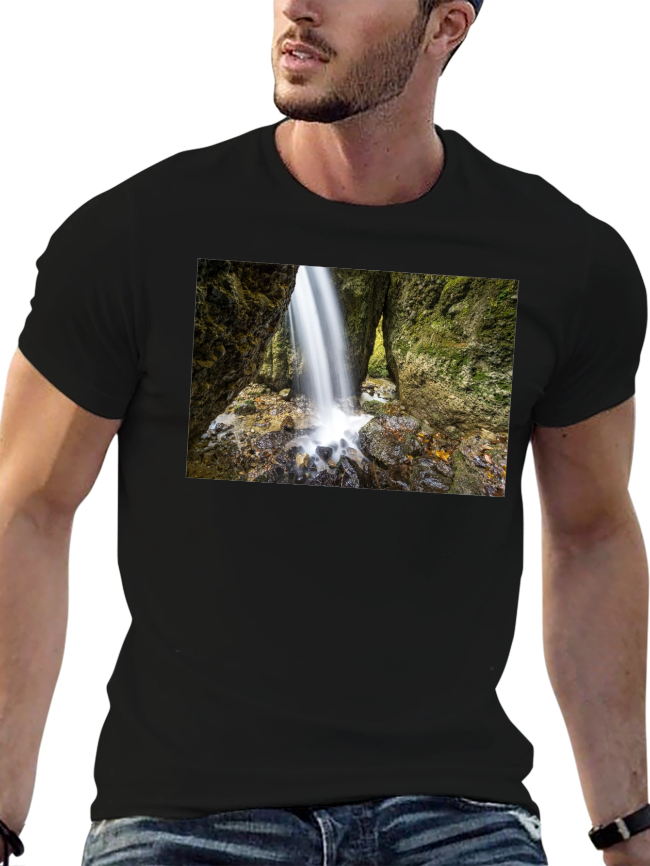 Waterfall Print Black T-Shirt