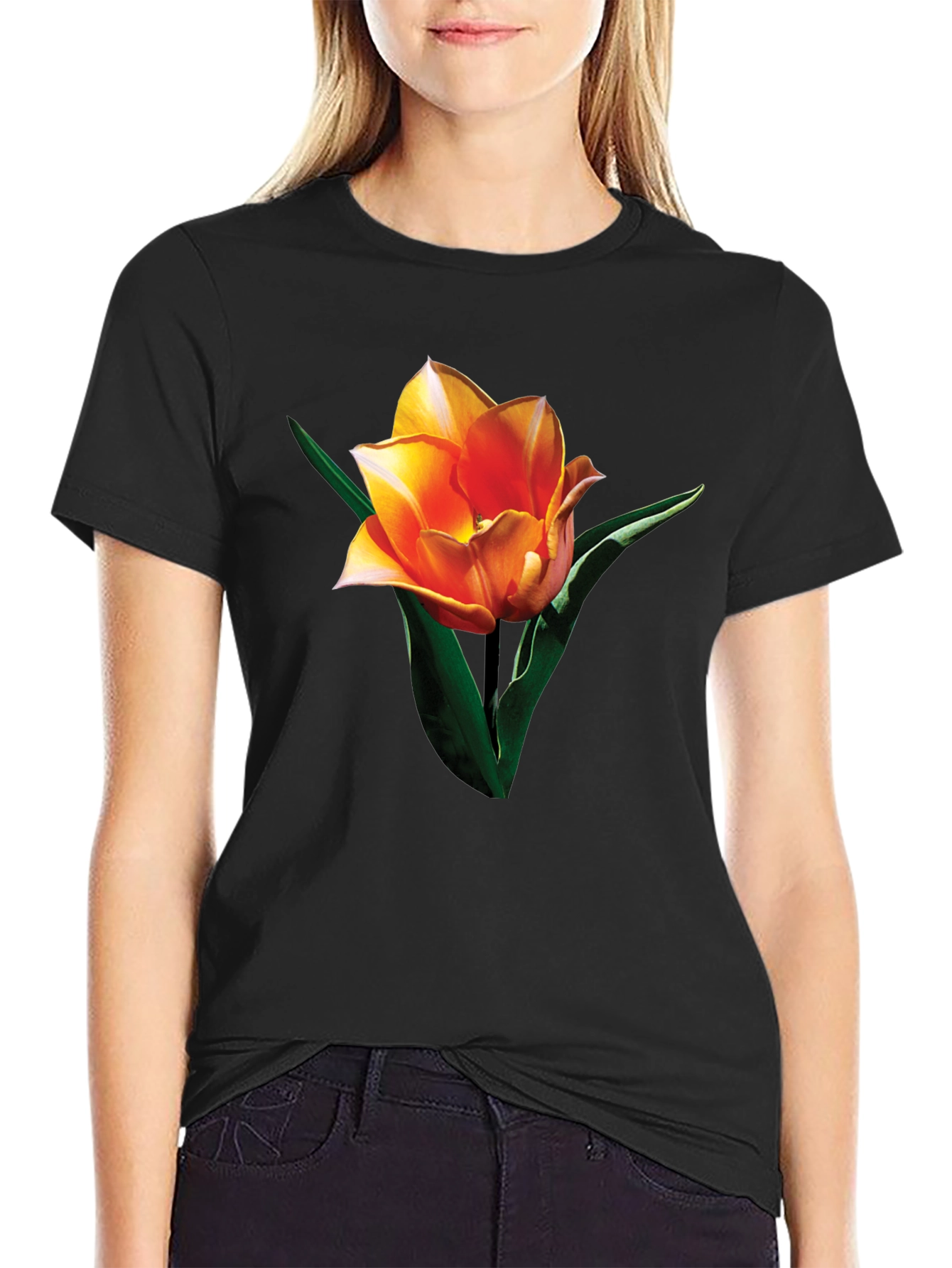 Black Tulip Graphic Tee - Stylish Floral Print