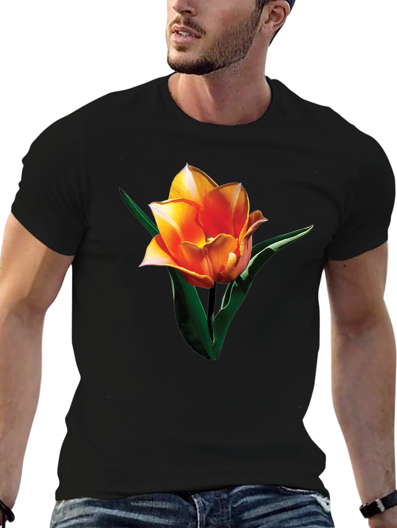 Black Tulip Graphic Tee - Stylish Floral Print