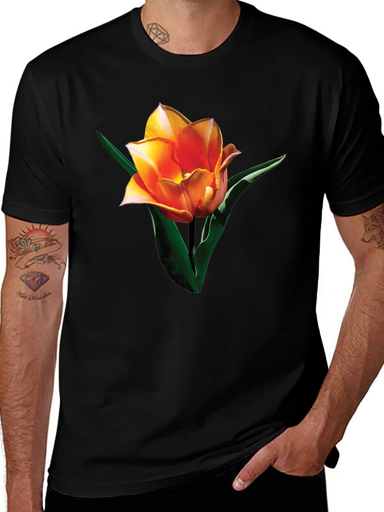 Black Tulip Graphic Tee - Stylish Floral Print