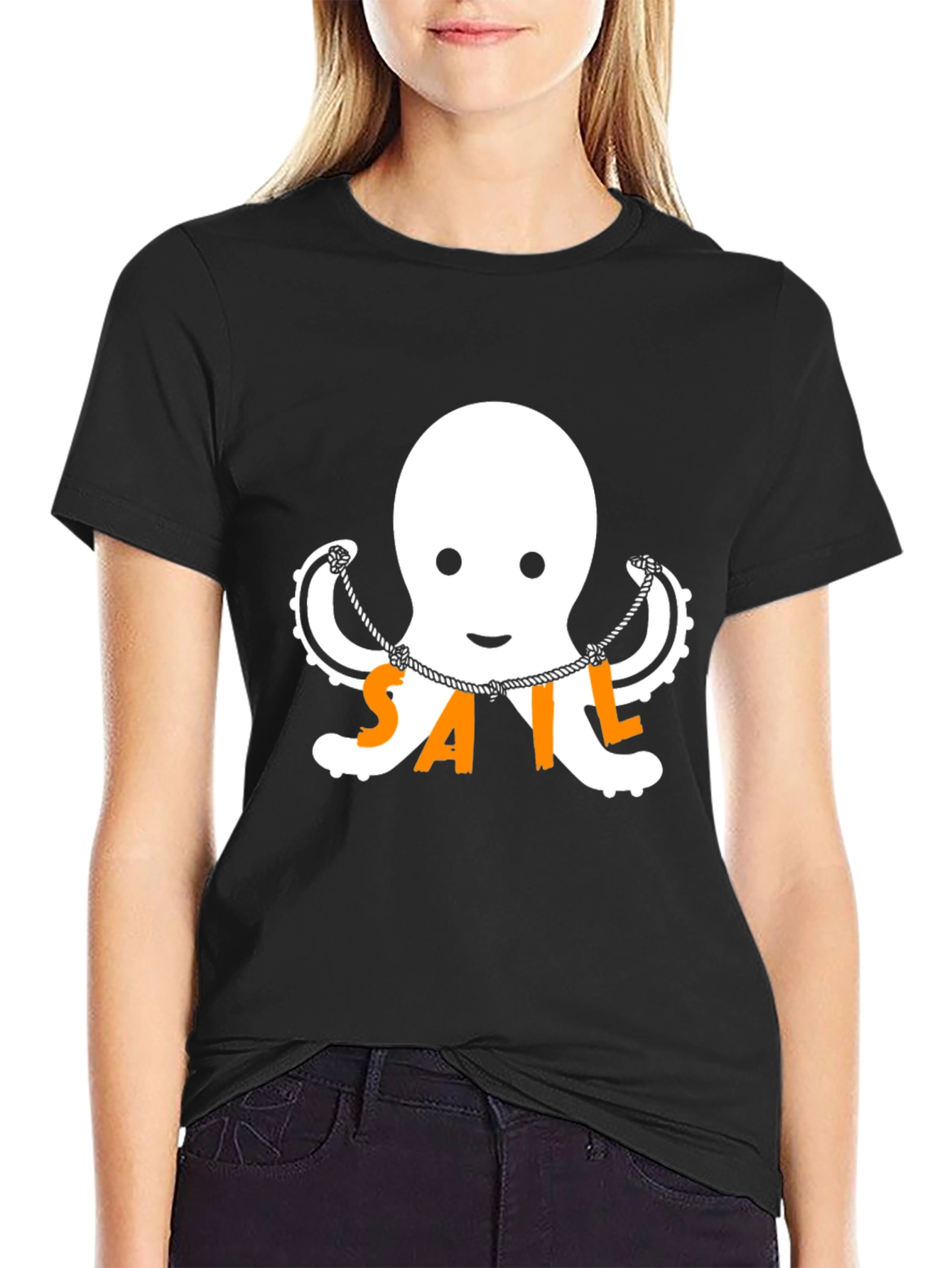 Nautical Octopus SAIL T-Shirt - Black Cotton Tee