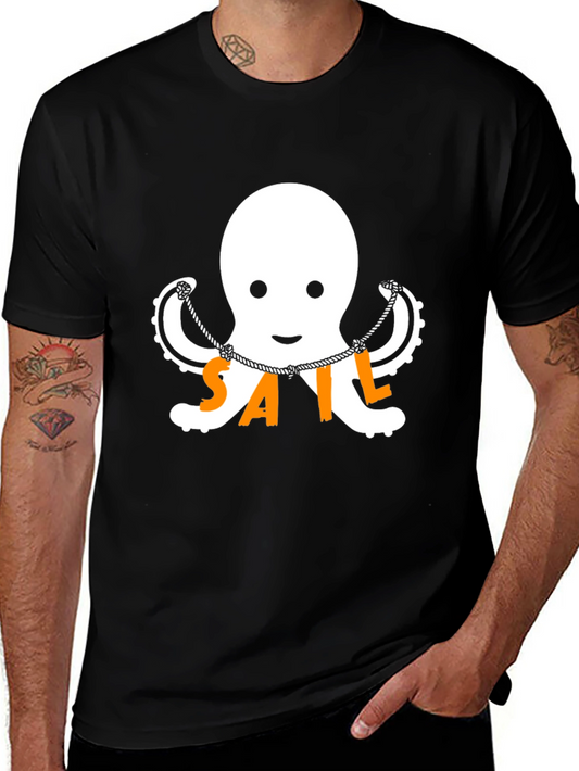 Nautical Octopus SAIL T-Shirt - Black Cotton Tee