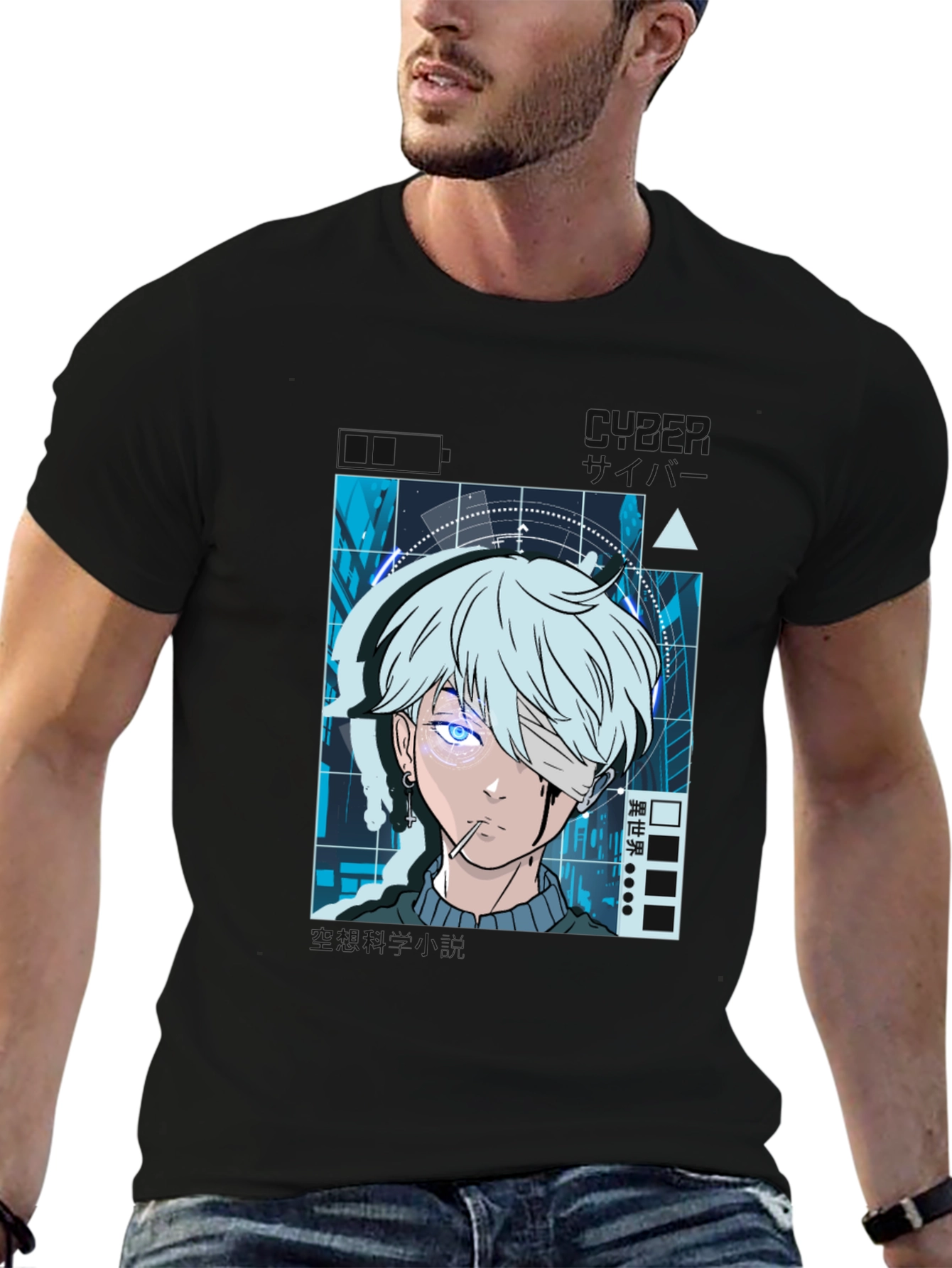 Anime Cyberpunk Graphic Print Black T-Shirt