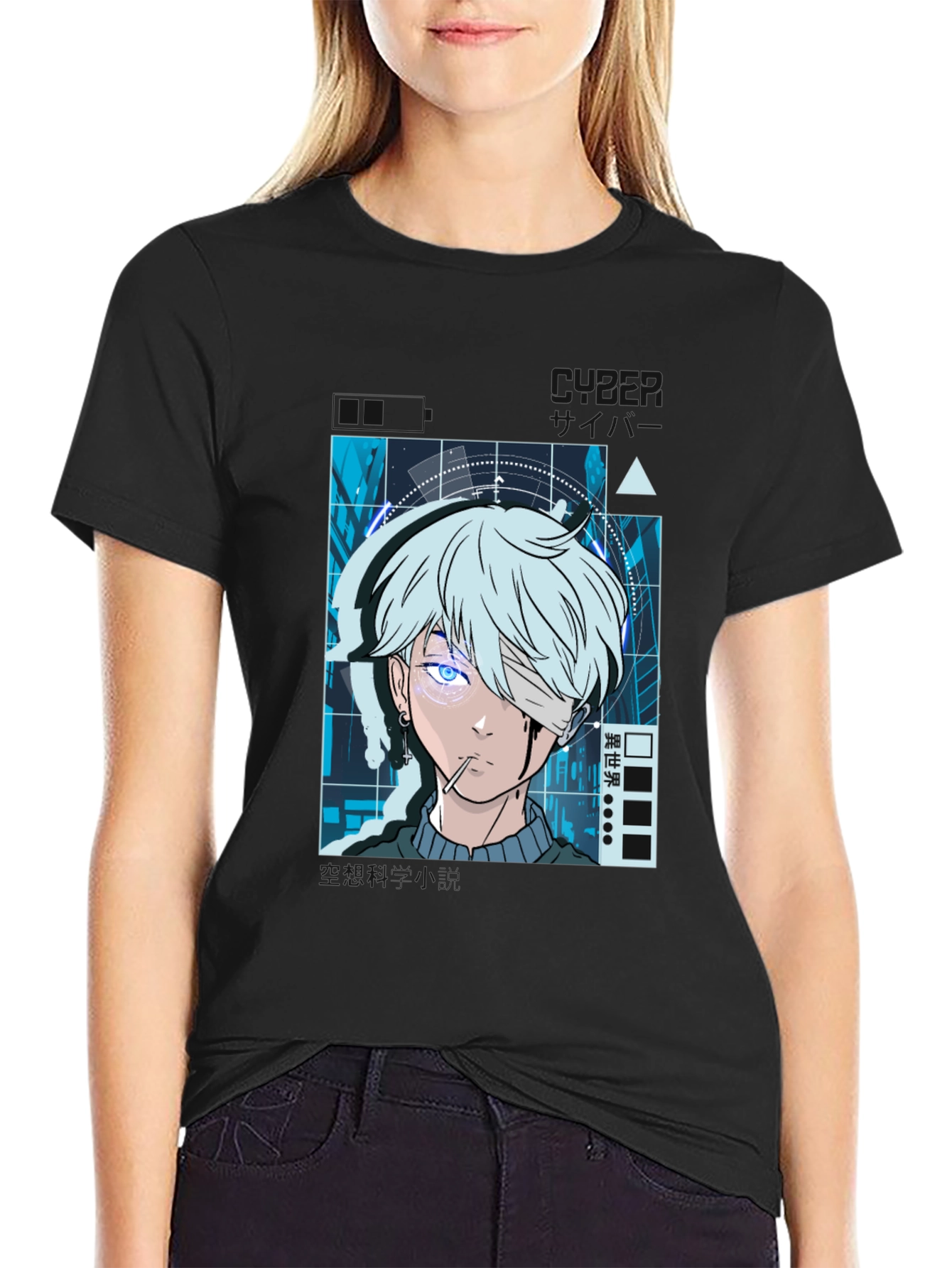 Anime Cyberpunk Graphic Print Black T-Shirt