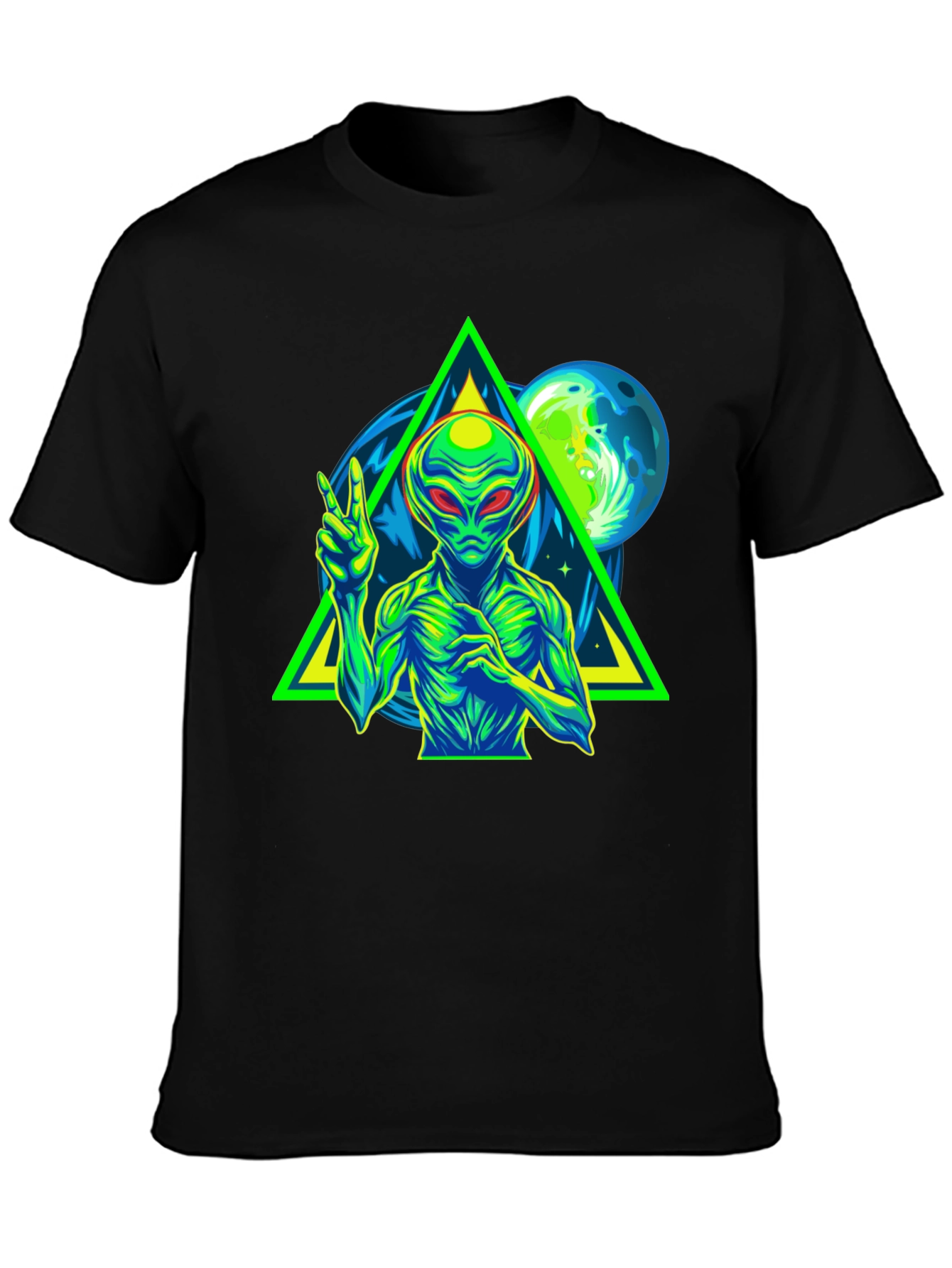 Alien Peace Sign Graphic Tee - Black Cotton T-Shirt