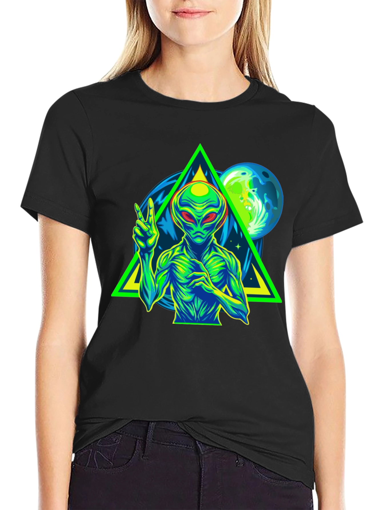 Alien Peace Sign Graphic Tee - Black Cotton T-Shirt