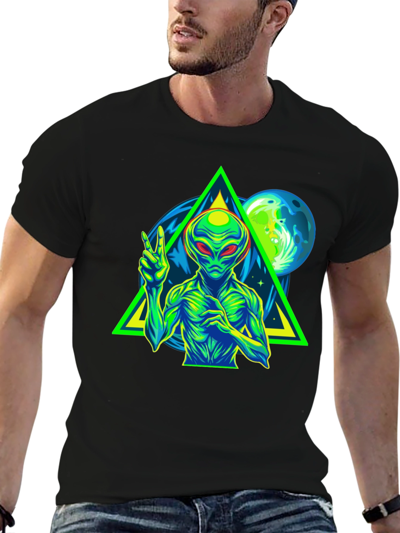 Alien Peace Sign Graphic Tee - Black Cotton T-Shirt