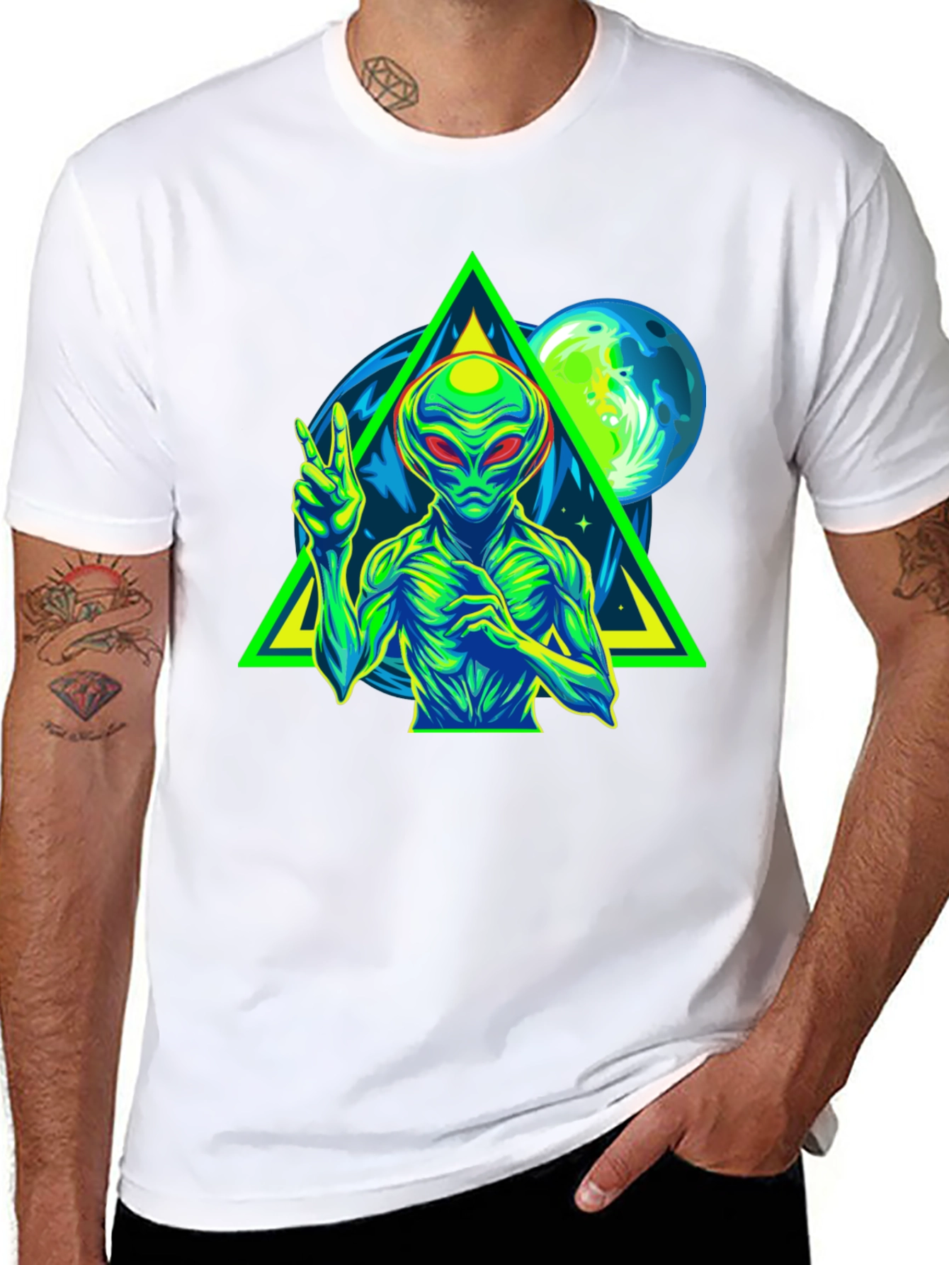 Alien Peace Sign Graphic Tee - Black Cotton T-Shirt