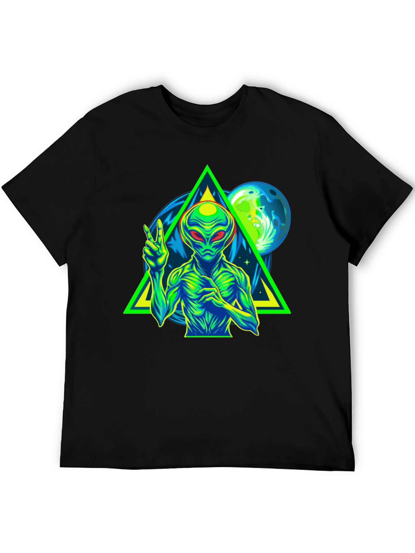Alien Peace Sign Graphic Tee - Black Cotton T-Shirt