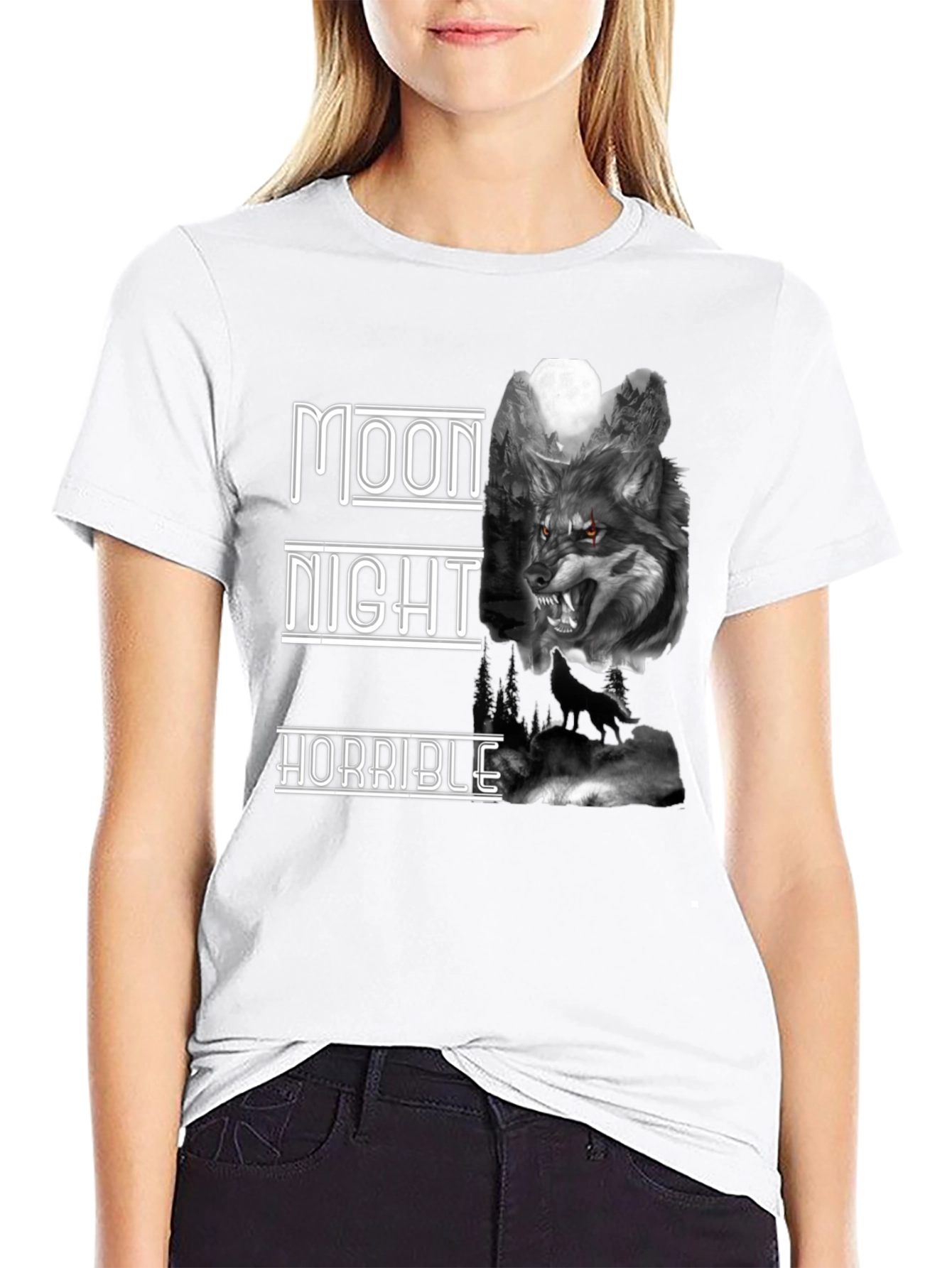 Moon Night Horrible Wolf Graphic T-Shirt
