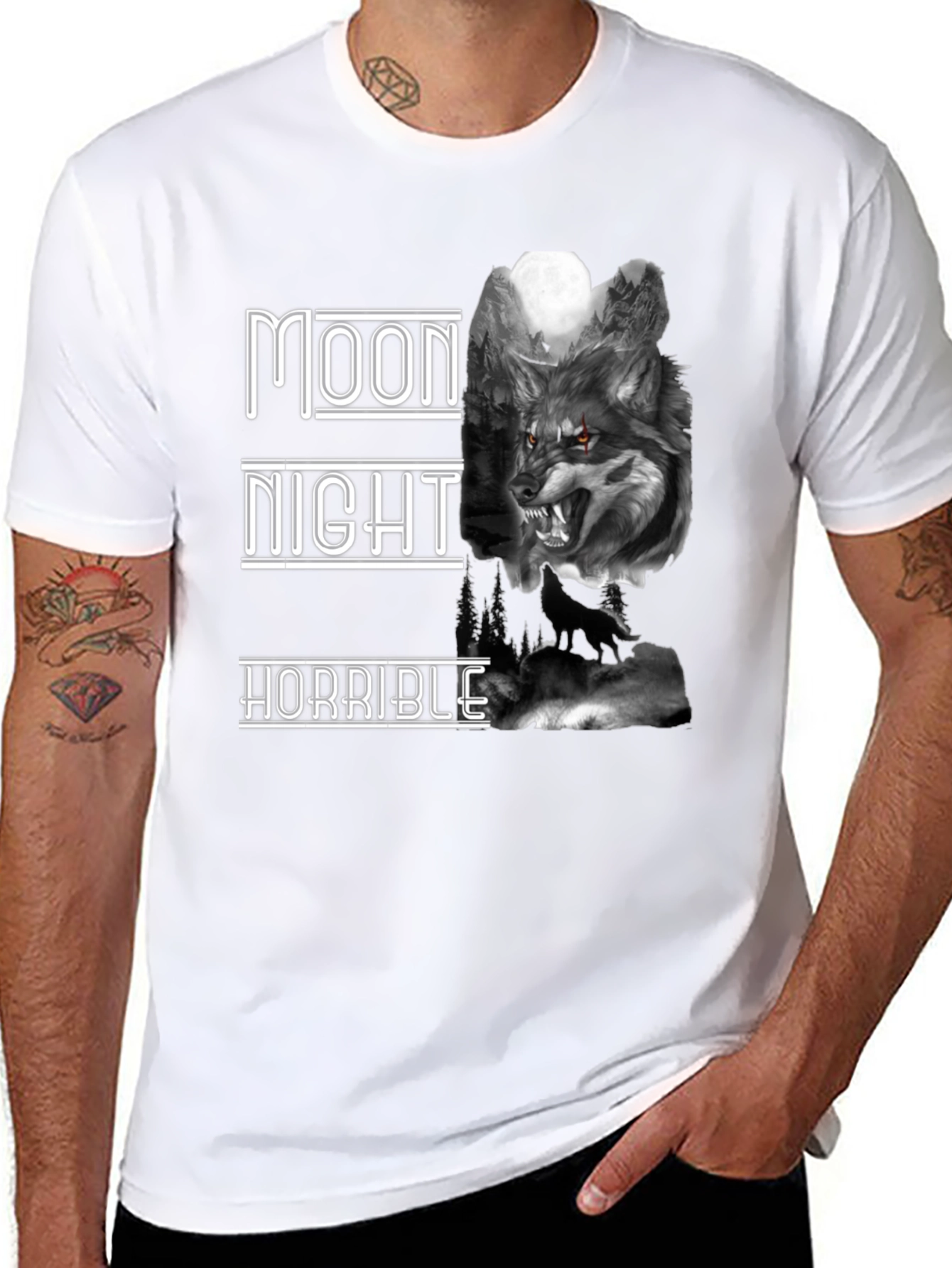 Moon Night Horrible Wolf Graphic T-Shirt